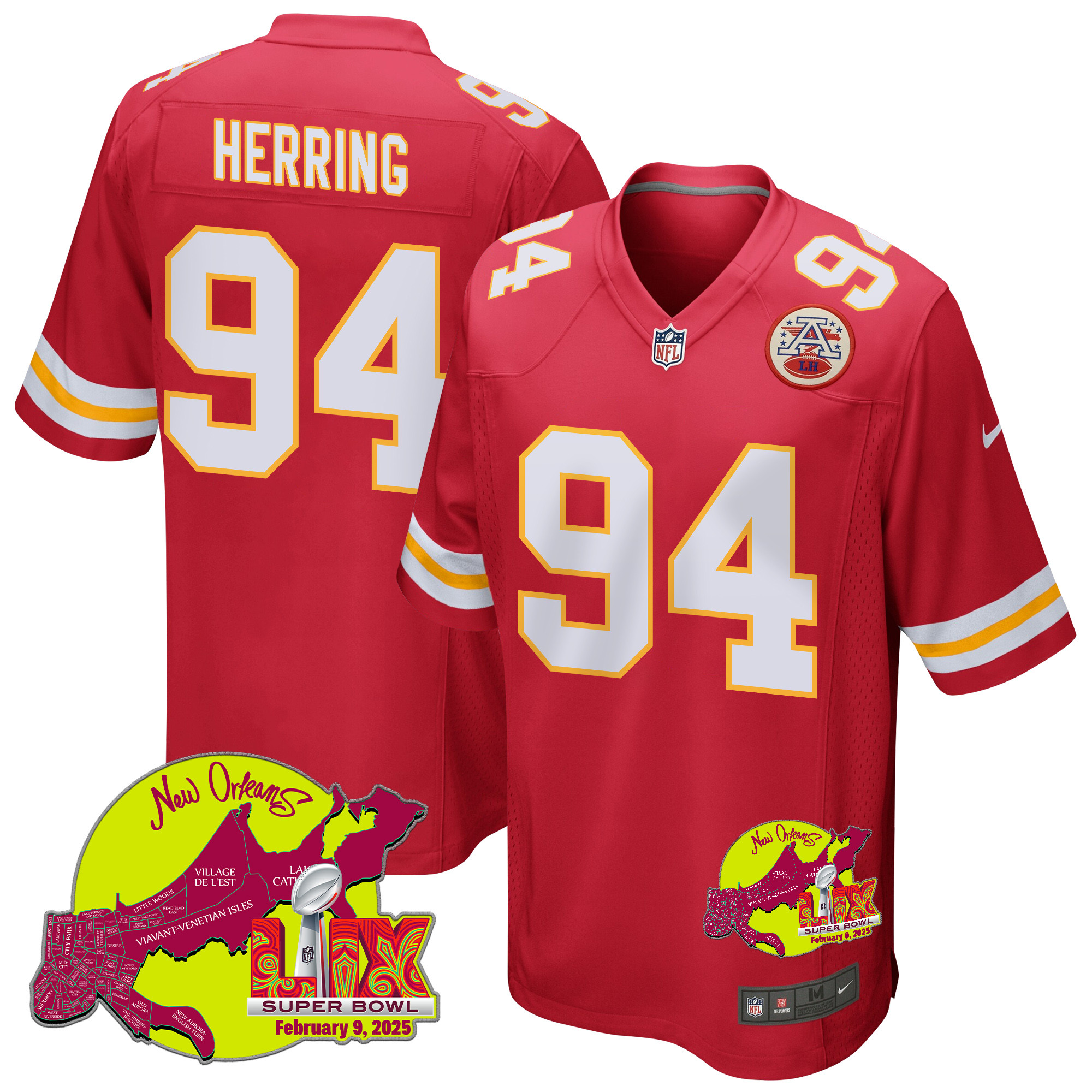 Malik Herring 94 Kansas City Chiefs Super Bowl LIX New Orleans Patch Game Red NFL Jersey Men's