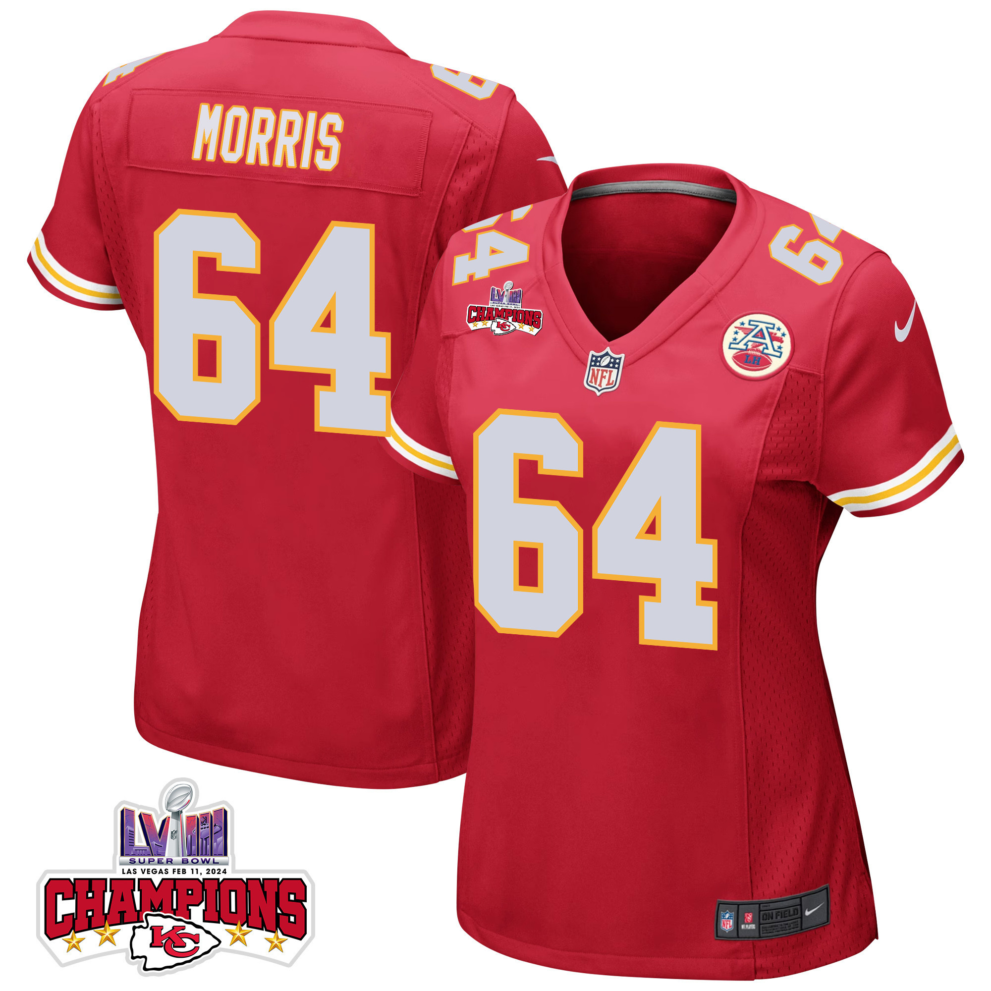 Wanya Morris 64 Kansas City Chiefs Super Bowl LVIII Champions 4 Stars Patch Game Red NFL Jersey Women's