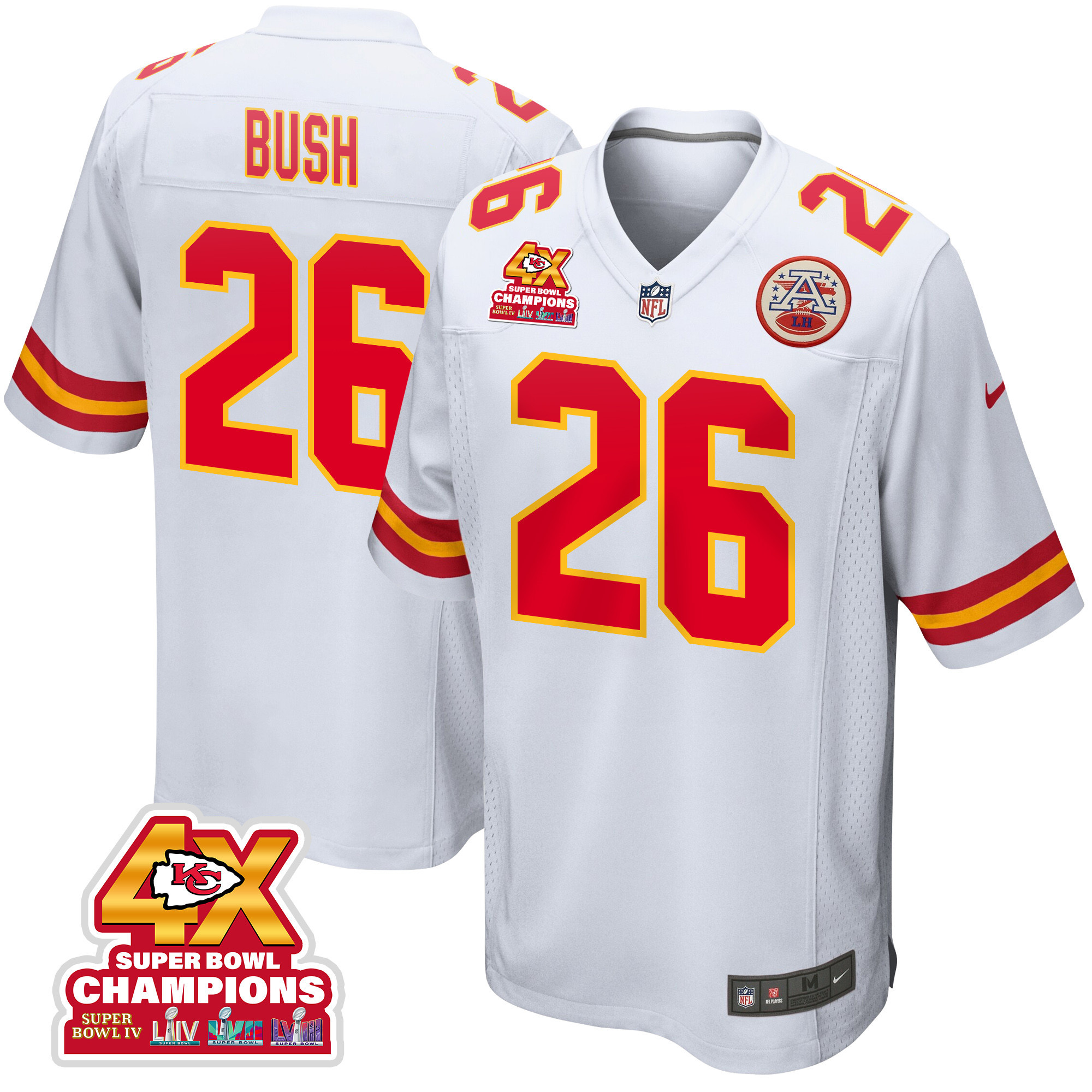 Deon Bush 26 Kansas City Chiefs Super Bowl LVIII Champions 4X Game White NFL Jersey Men's