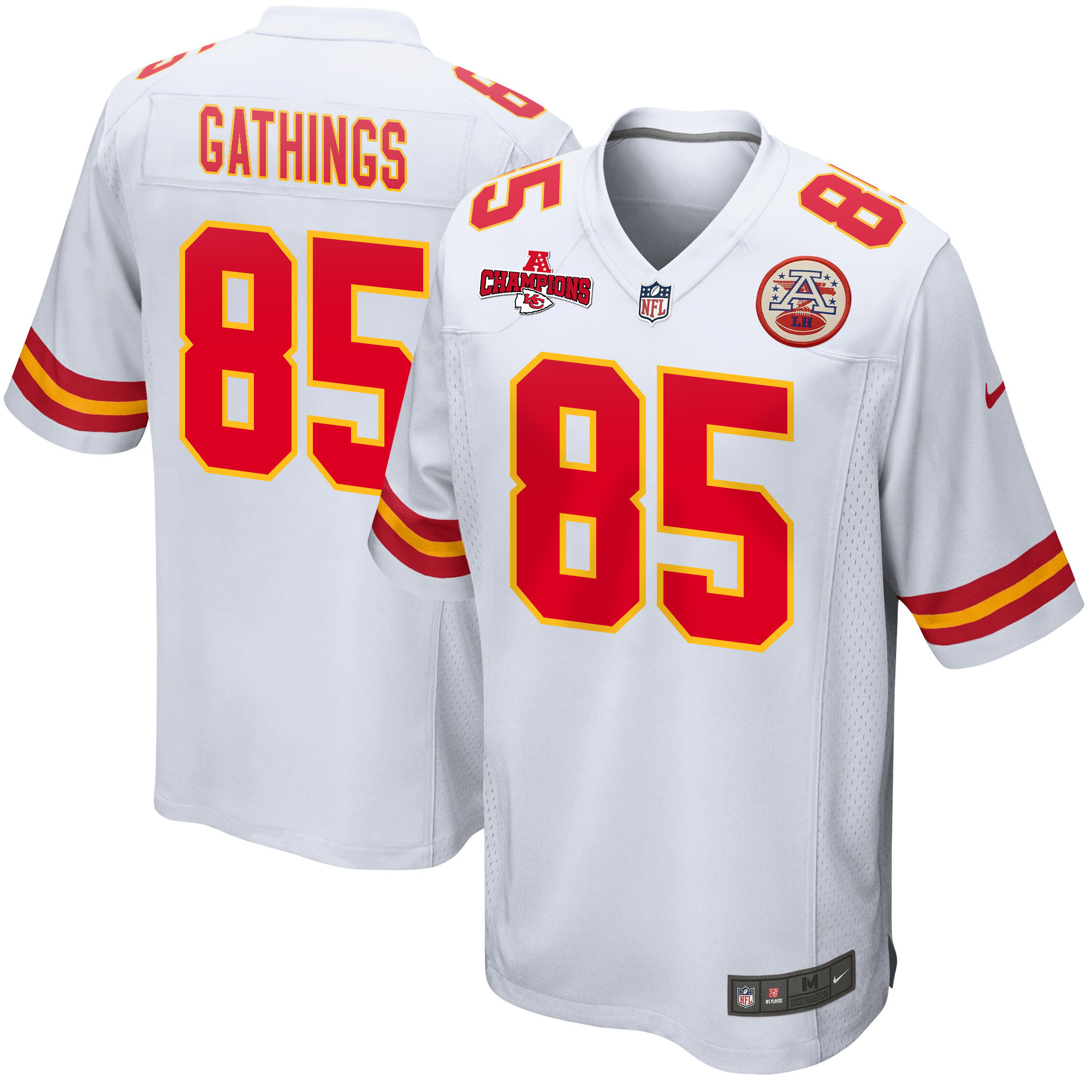 Izaiah Gathings 85 Kansas City Chiefs AFC Champions Patch Game White NFL Jersey Men's