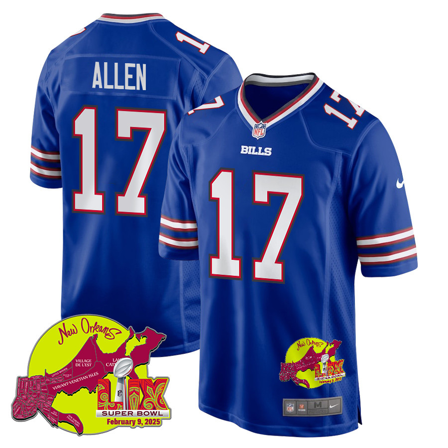Josh Allen 17 Buffalo Bills Super Bowl LIX New Orleans Patch Game Royal NFL Jersey Men's