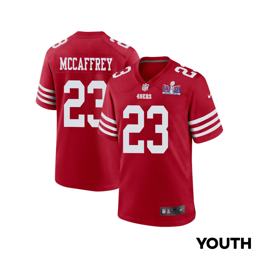 Christian McCaffrey 23 San Francisco 49ers Super Bowl LVIII Patch Game Scarlet NFL Jersey Youth