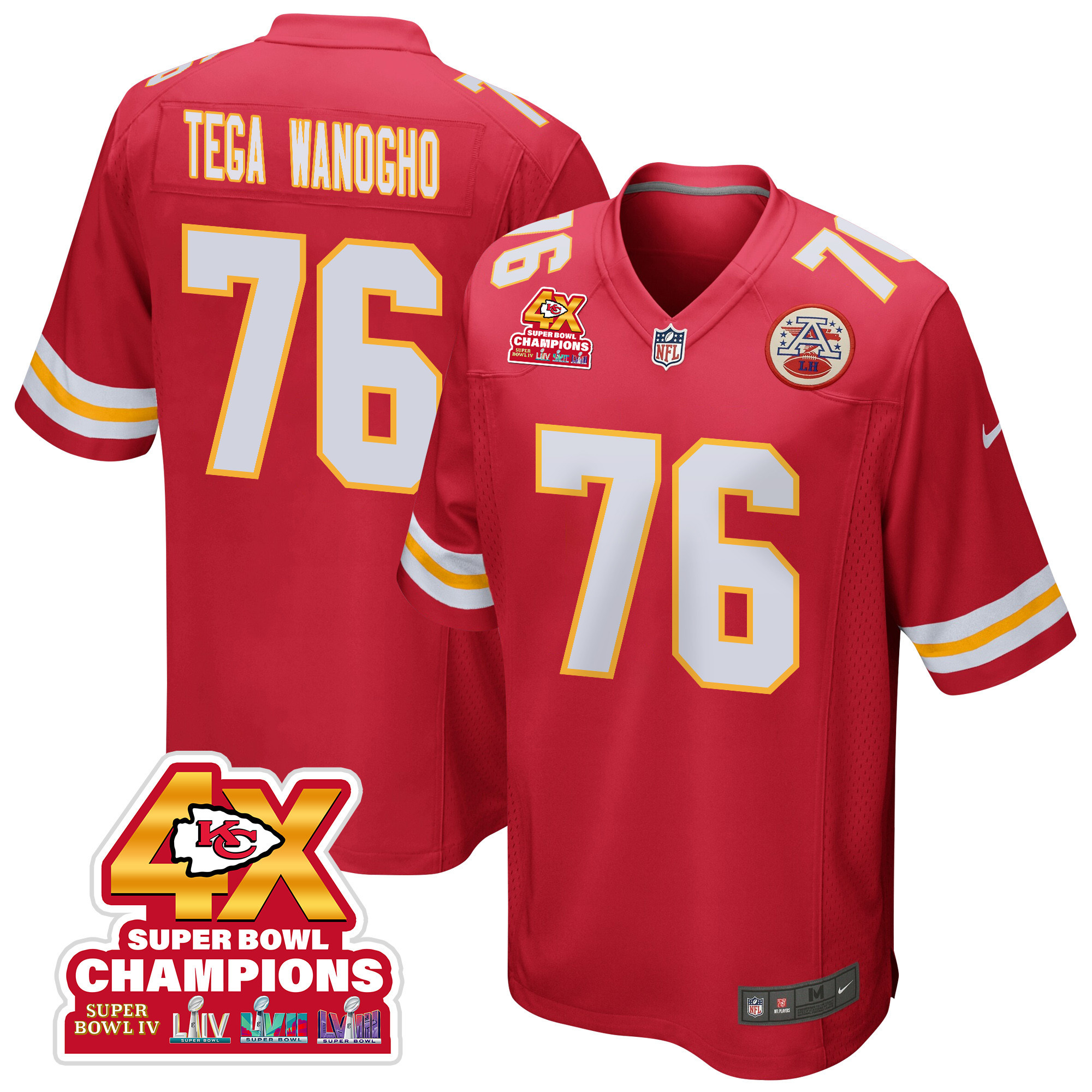 Prince Tega Wanogho 76 Kansas City Chiefs Super Bowl LVIII Champions 4X Game Red NFL Jersey Men's