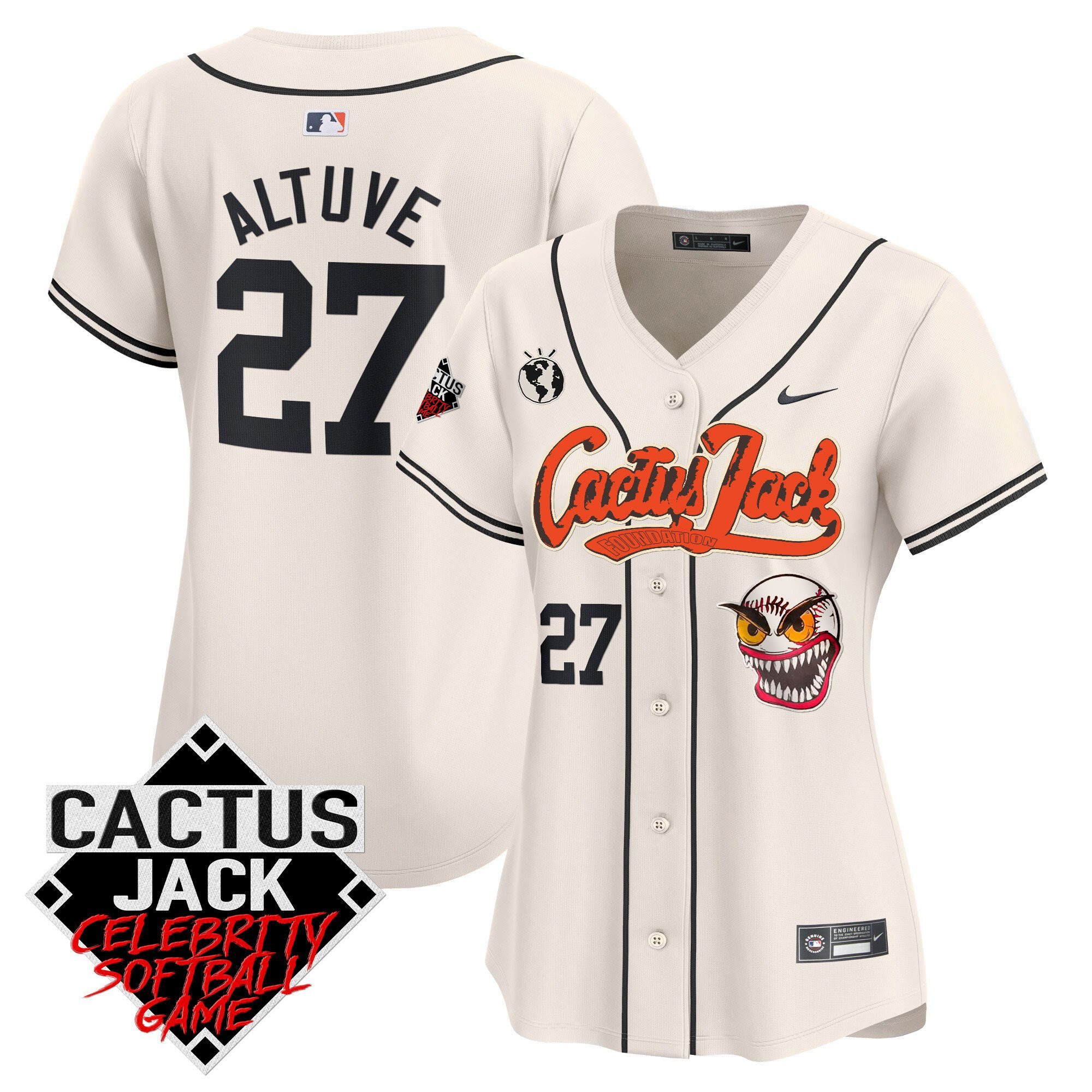 Jose Altuve 27 Houston Astros Cactus Jack Celebrity Softball Game Patch Cream MLB Jersey Women's