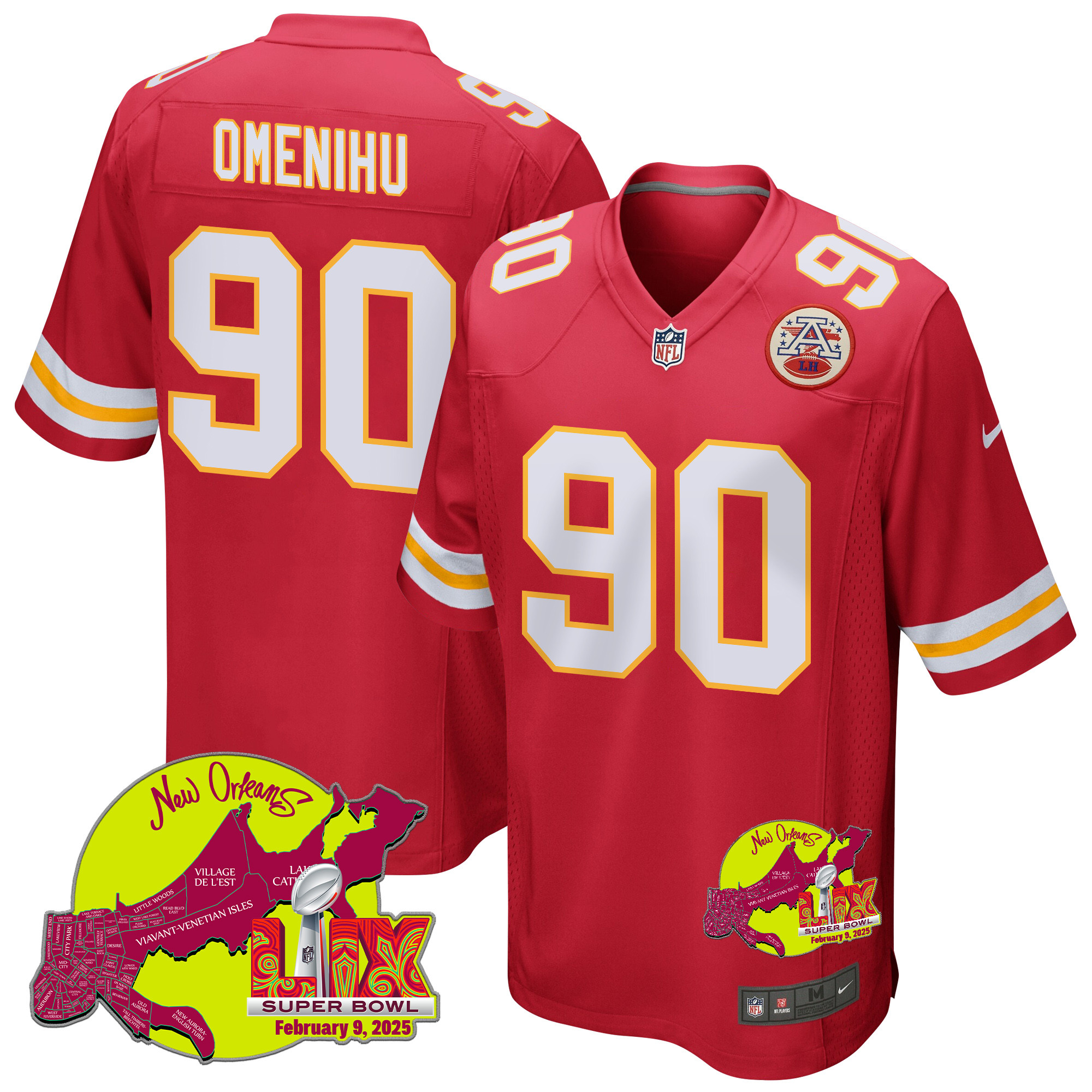 Charles Omenihu 90 Kansas City Chiefs Super Bowl LIX New Orleans Patch Game Red NFL Jersey Men's