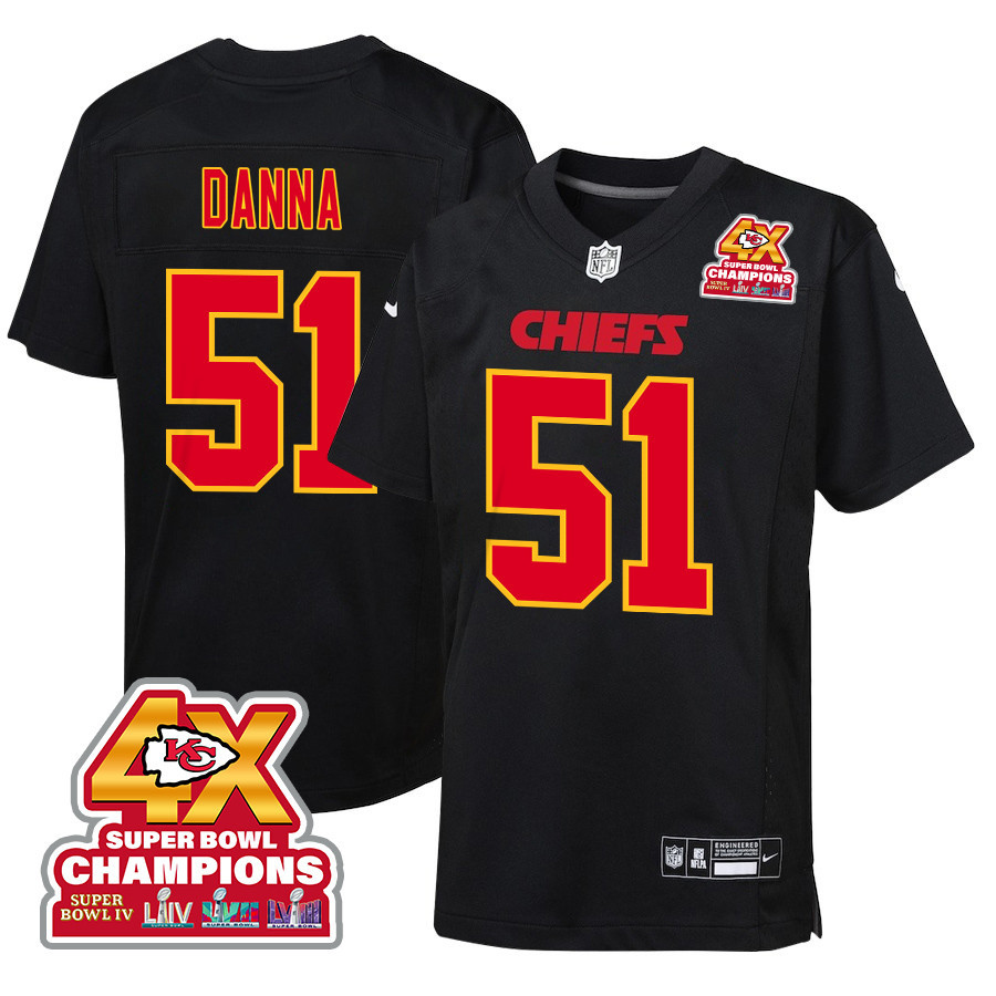 Mike Danna 51 Kansas City Chiefs Super Bowl LVIII Champions 4X Fashion Game Carbon Black NFL Jersey Youth