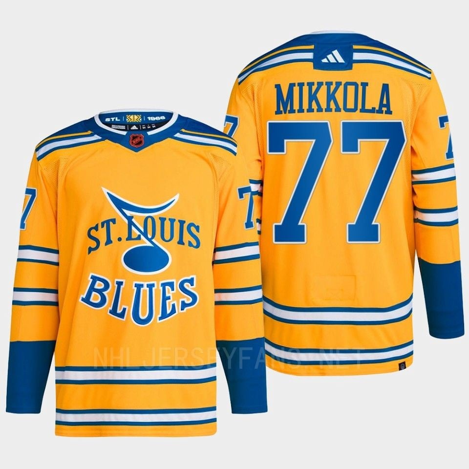 Niko Mikkola 77 Reverse Retro 2.0 2022 St. Louis Blues Yellow Primegreen NHL Jersey Men's