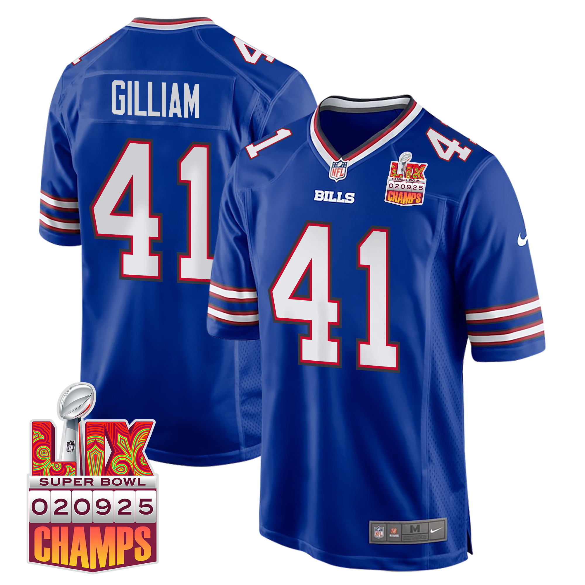 Reggie Gilliam 41 Buffalo Bills Super Bowl LIX Champions Patch Game Royal NFL Jersey Men's