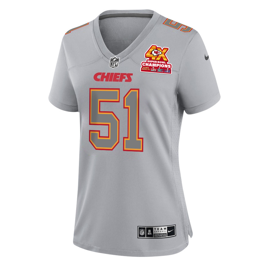 Mike Danna 51 Kansas City Chiefs Super Bowl LVIII Champions 4X Atmosphere Fashion Game Gray NFL Jersey Women's