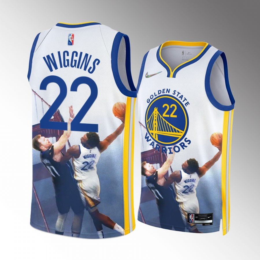 Andrew Wiggins 22 Poster Dunk Over Luka Golden State Warriors Printin White Playoffs Game NBA Jersey Men's