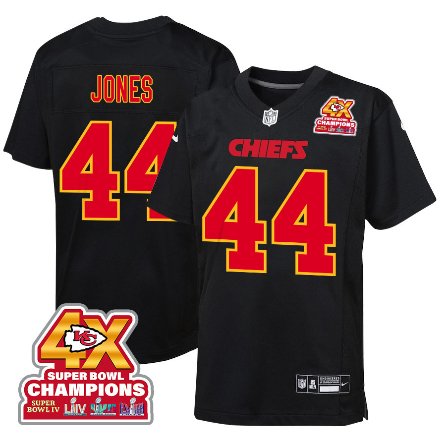 Cam Jones 44 Kansas City Chiefs Super Bowl LVIII Champions 4X Fashion Game Carbon Black NFL Jersey Youth