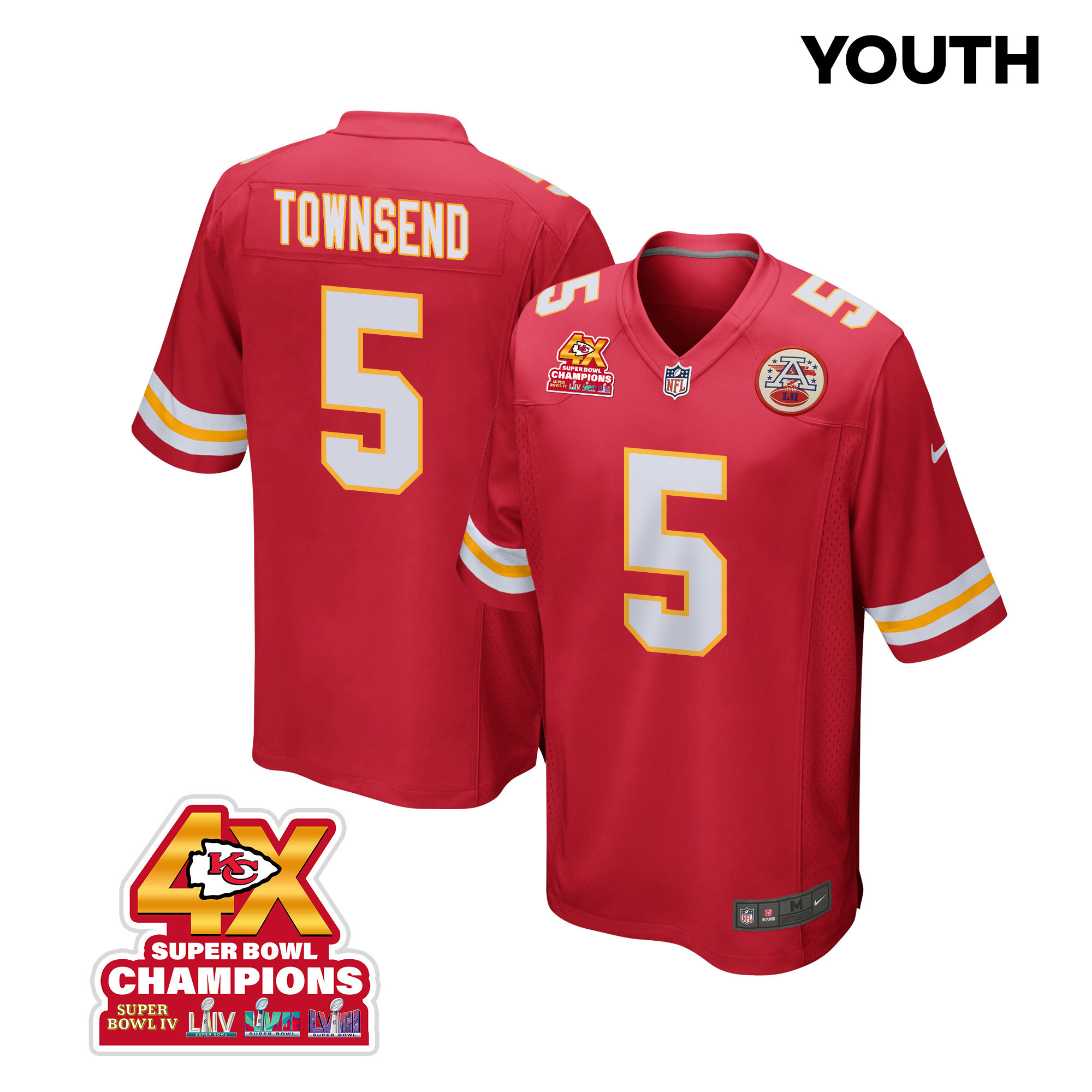 Tommy Townsend 5 Kansas City Chiefs Super Bowl LVIII Champions 4X Game Red NFL Jersey Youth
