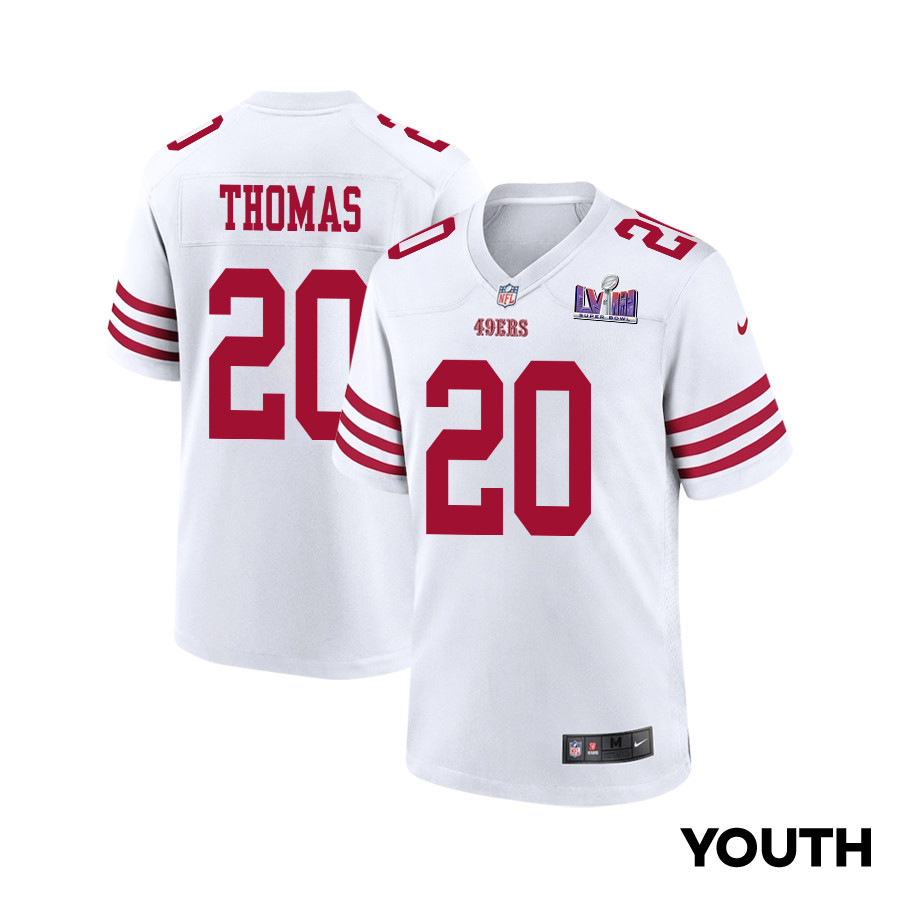 Ambry Thomas 20 San Francisco 49ers Super Bowl LVIII Patch Game White NFL Jersey Youth