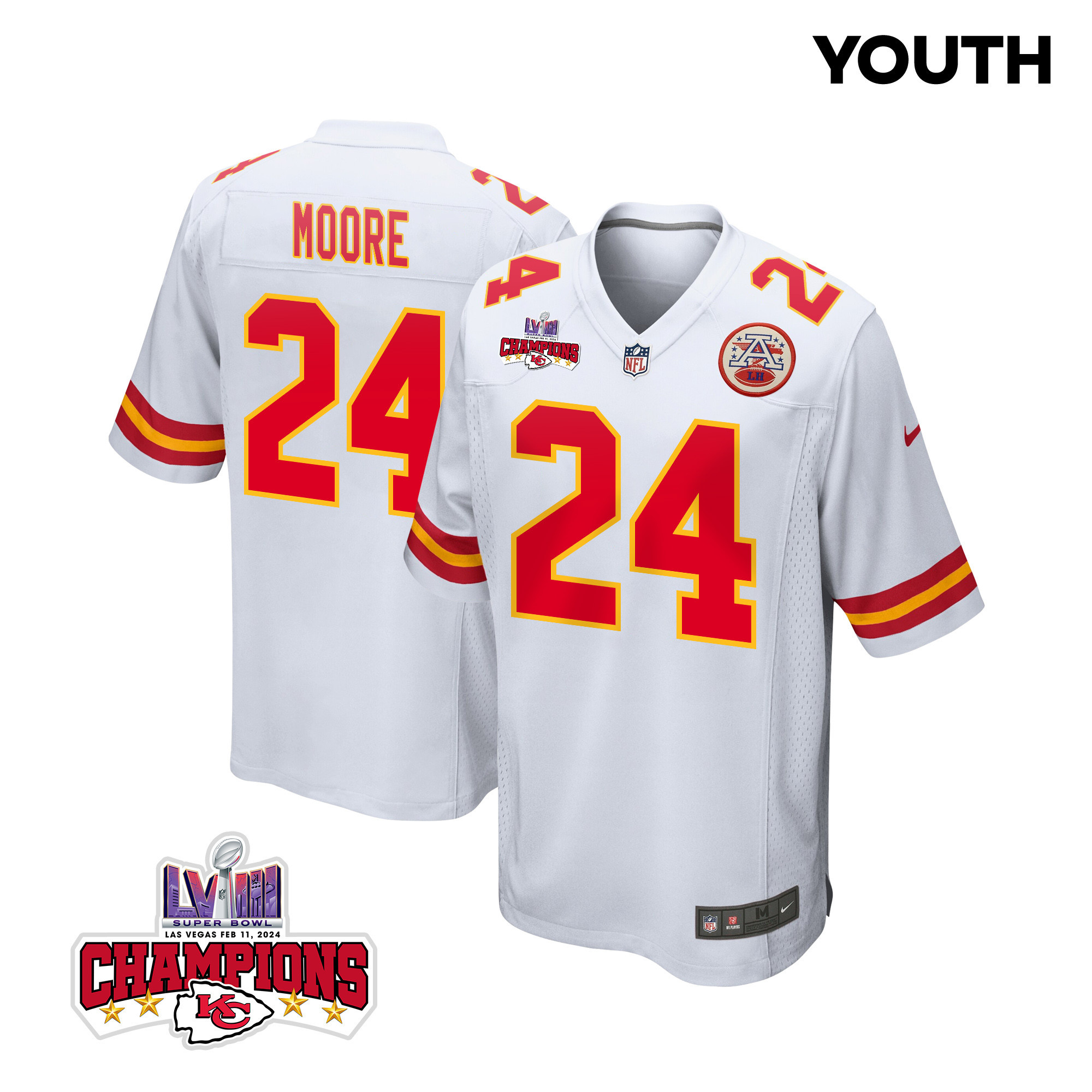 Skyy Moore 24 Kansas City Chiefs Super Bowl LVIII Champions 4 Stars Patch Game White NFL Jersey Youth