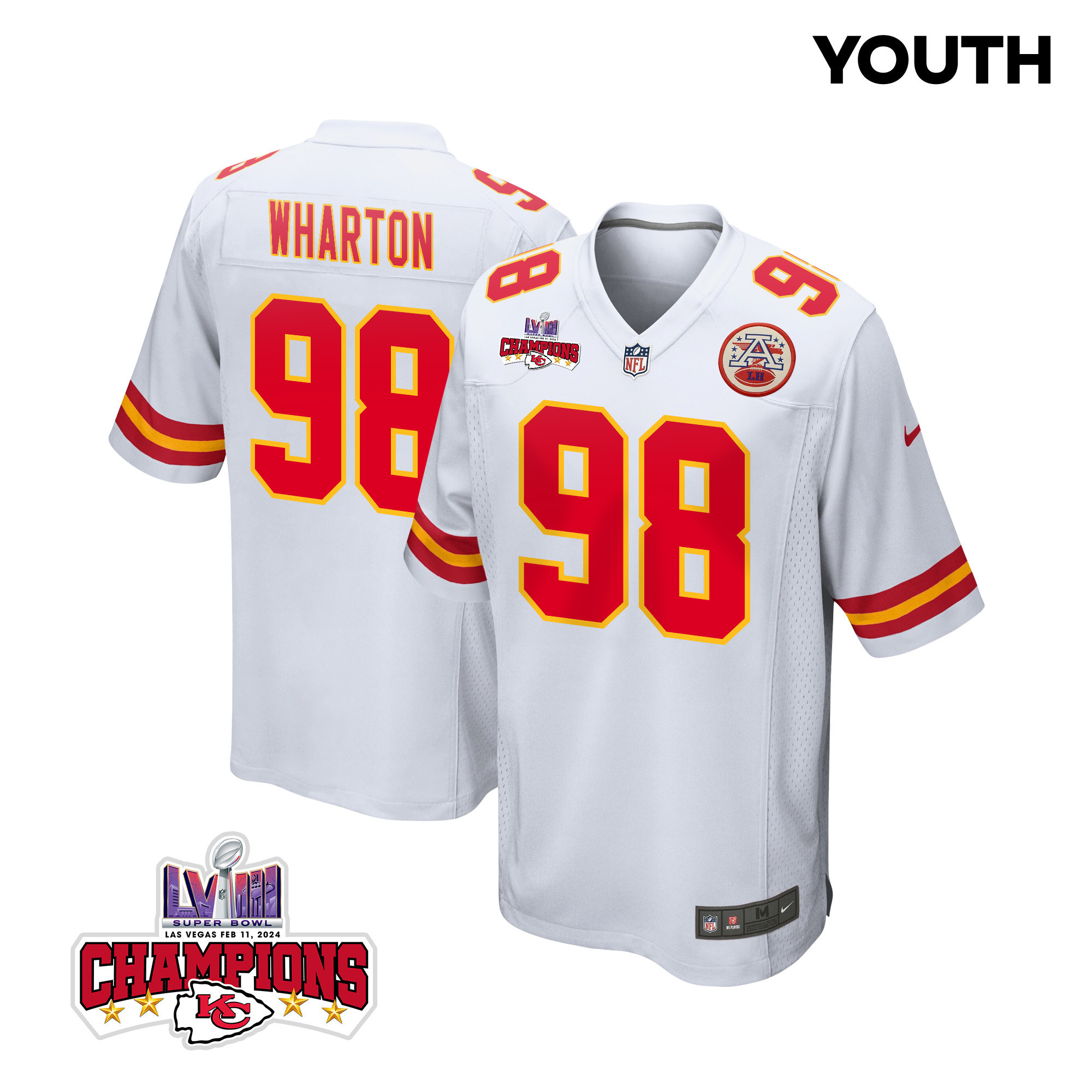 Tershawn Wharton 98 Kansas City Chiefs Super Bowl LVIII Champions 4 Stars Patch Game White NFL Jersey Youth