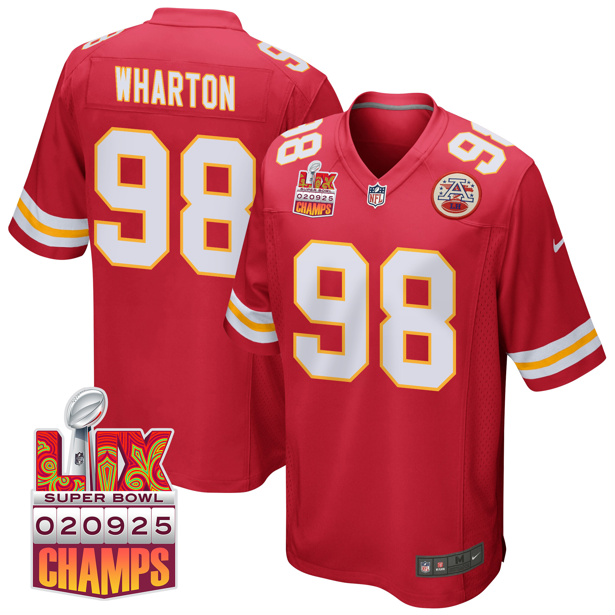 Tershawn Wharton 98 Kansas City Chiefs Super Bowl LIX Champions Patch Game Red NFL Jersey Men's