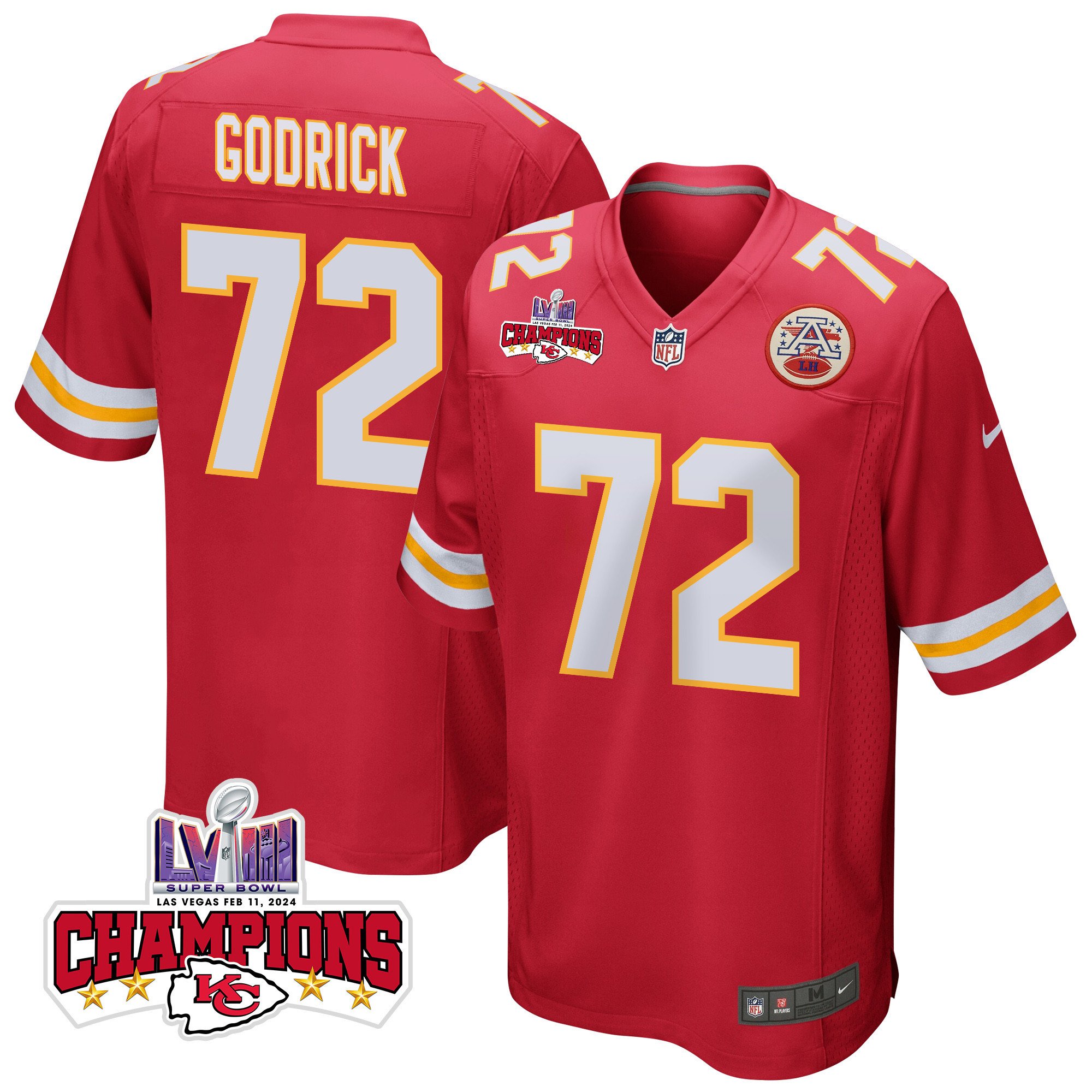 Chukwuebuka Godrick 72 Kansas City Chiefs Super Bowl LVIII Champions 4 Stars Patch Game Red NFL Jersey Men's