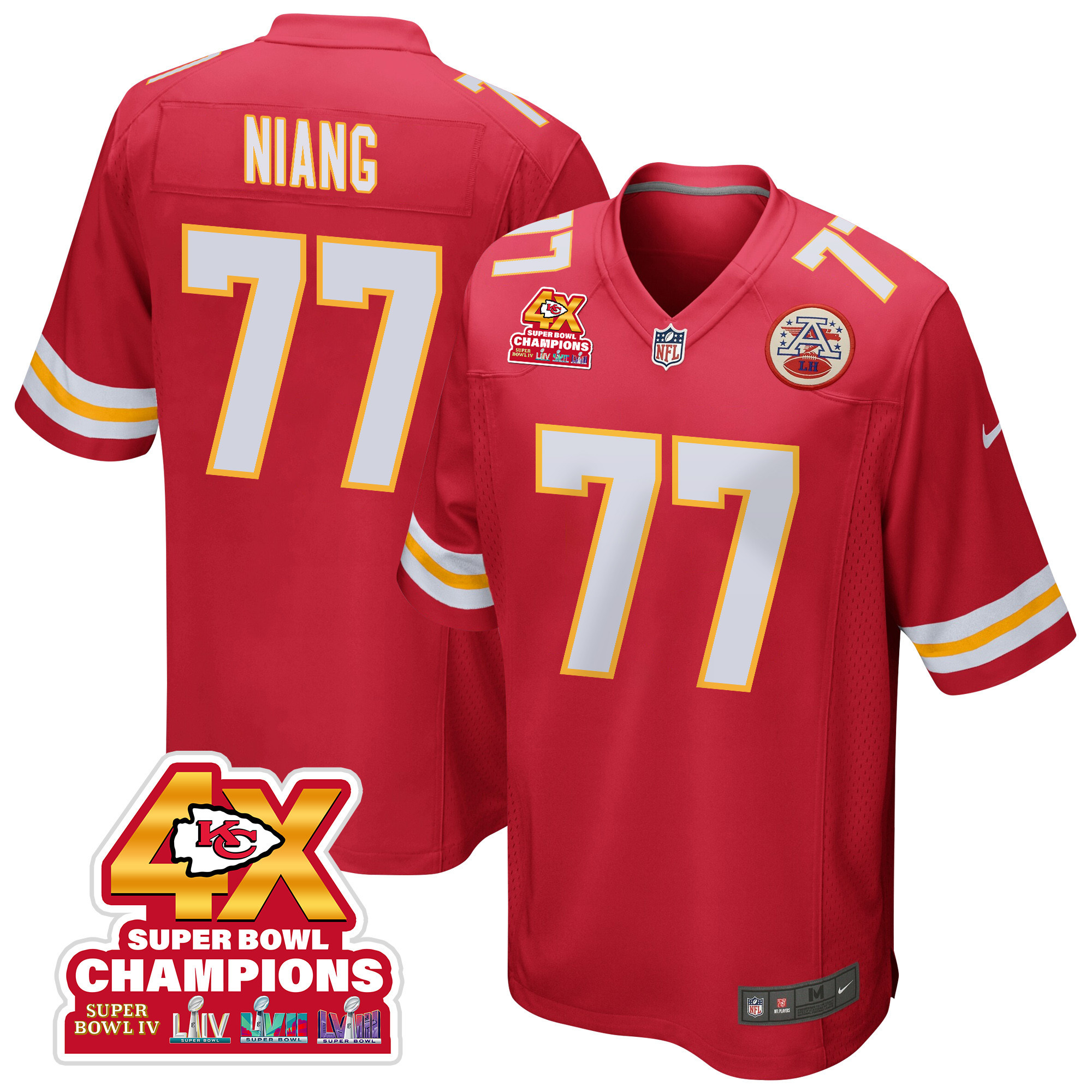 Lucas Niang 77 Kansas City Chiefs Super Bowl LVIII Champions 4X Game Red NFL Jersey Men's