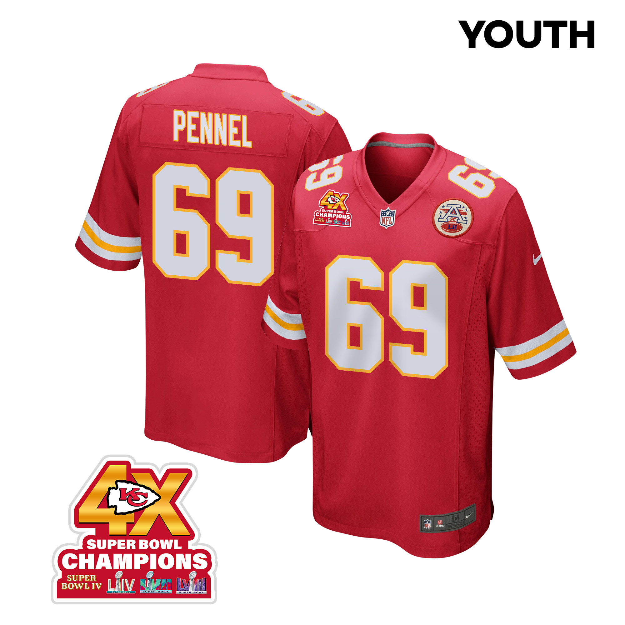 Mike Pennel 69 Kansas City Chiefs Super Bowl LVIII Champions 4X Game Red NFL Jersey Youth