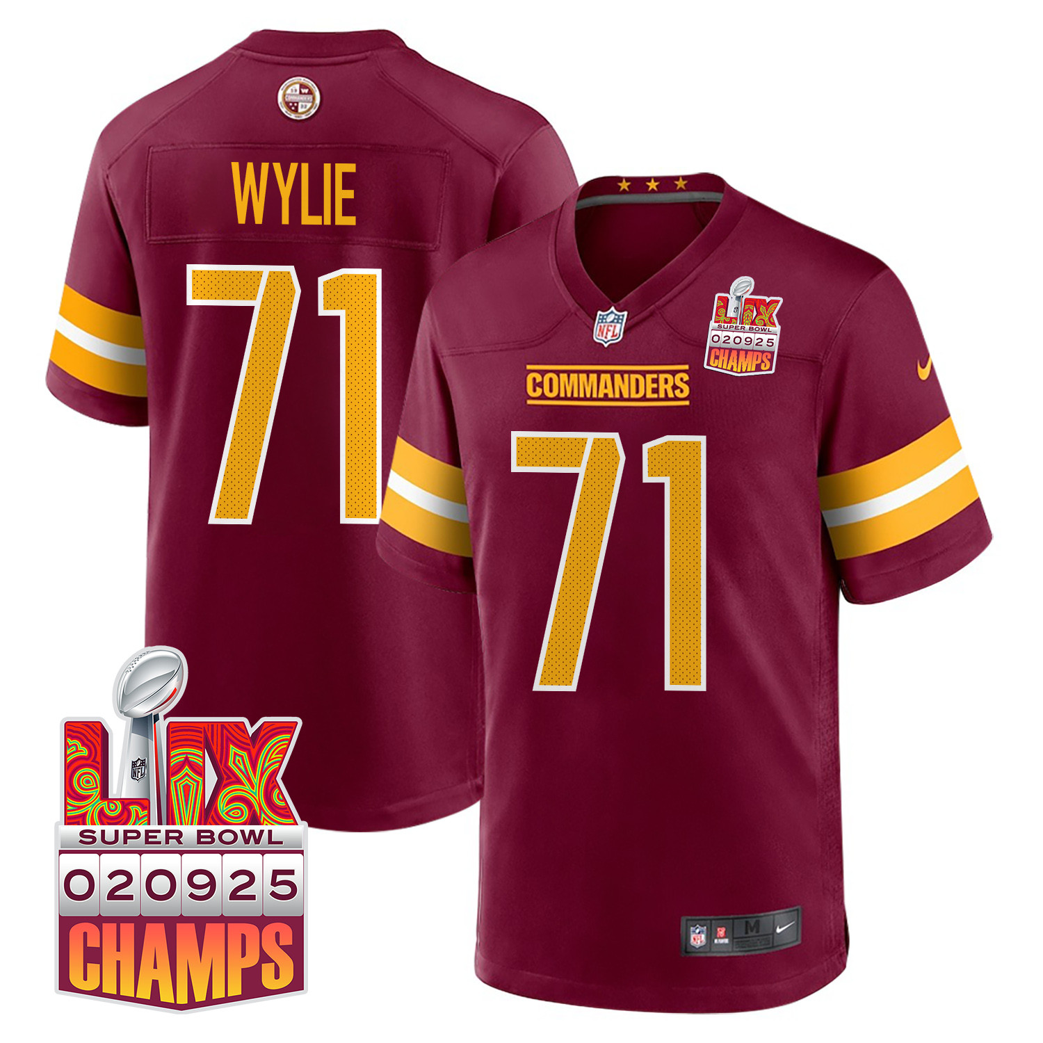 Andrew Wylie 71 Washington Commanders Super Bowl LIX Champions Patch Game Burgundy NFL Jersey Men's