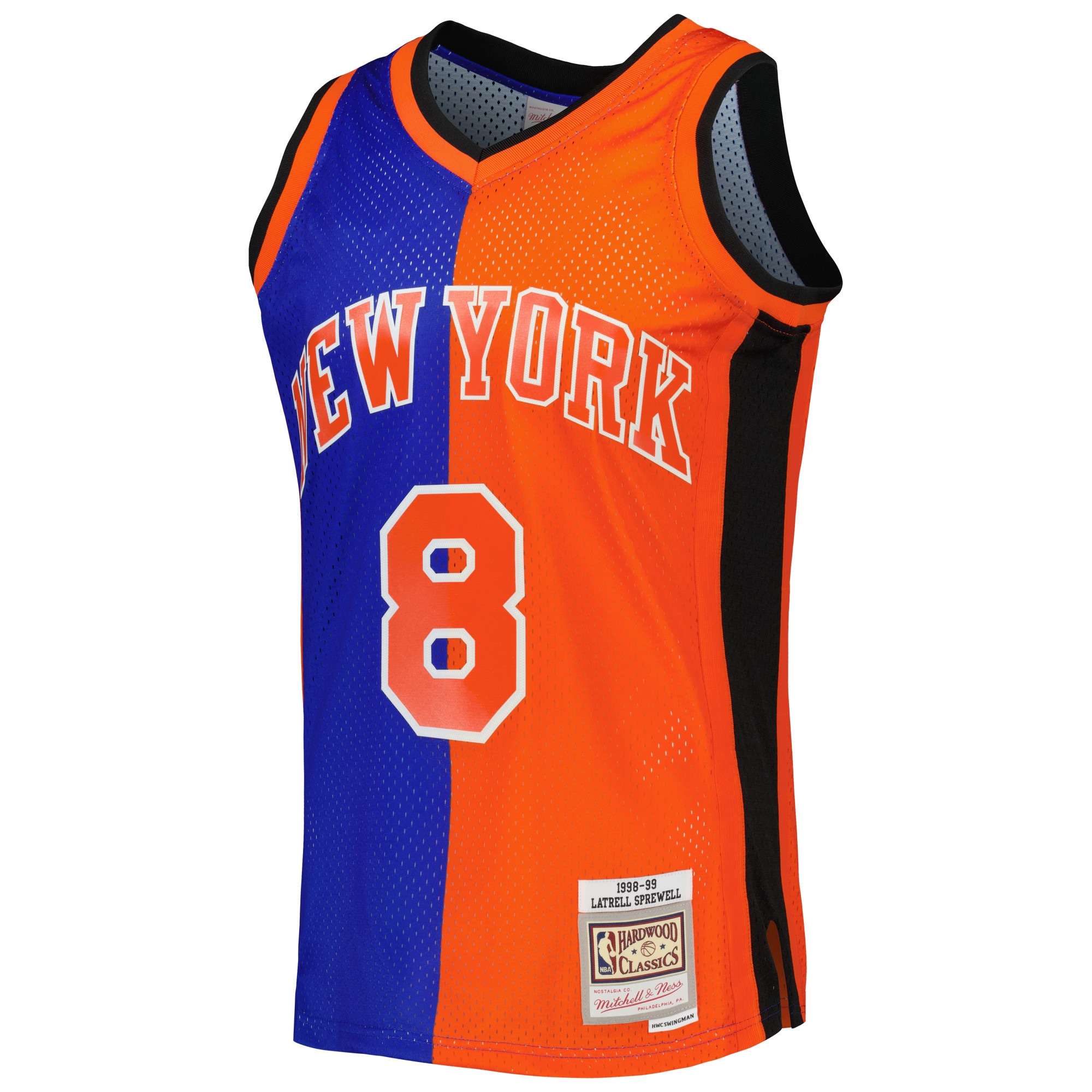 Mitchell Ness Latrell Sprewell Blue/Orange New York Knicks Hardwood Classics 1998/99 Split Swingman NBA Jersey Men's