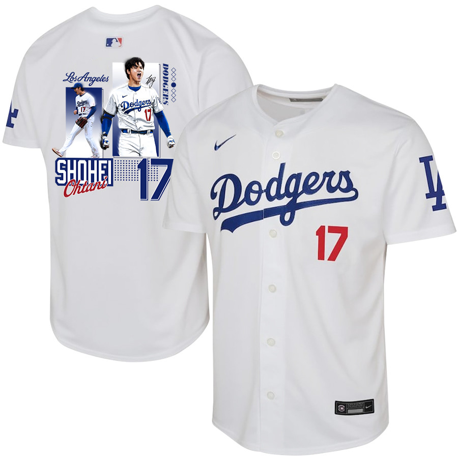 Shohei Ohtani 17 Los Angeles Dodgers Signed Welcome To The Sho Home White MLB Jersey Youth