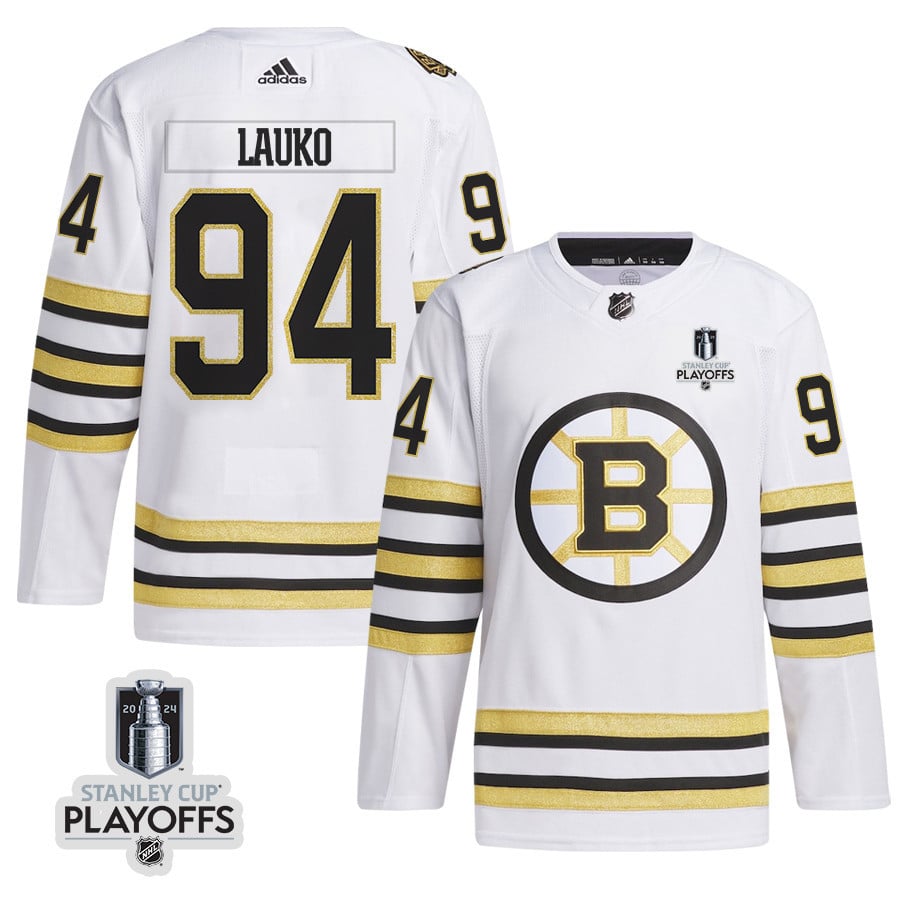 Jakub Lauko 94 Boston Bruins 2024 Playoffs Patch Away White NHL Jersey Men's
