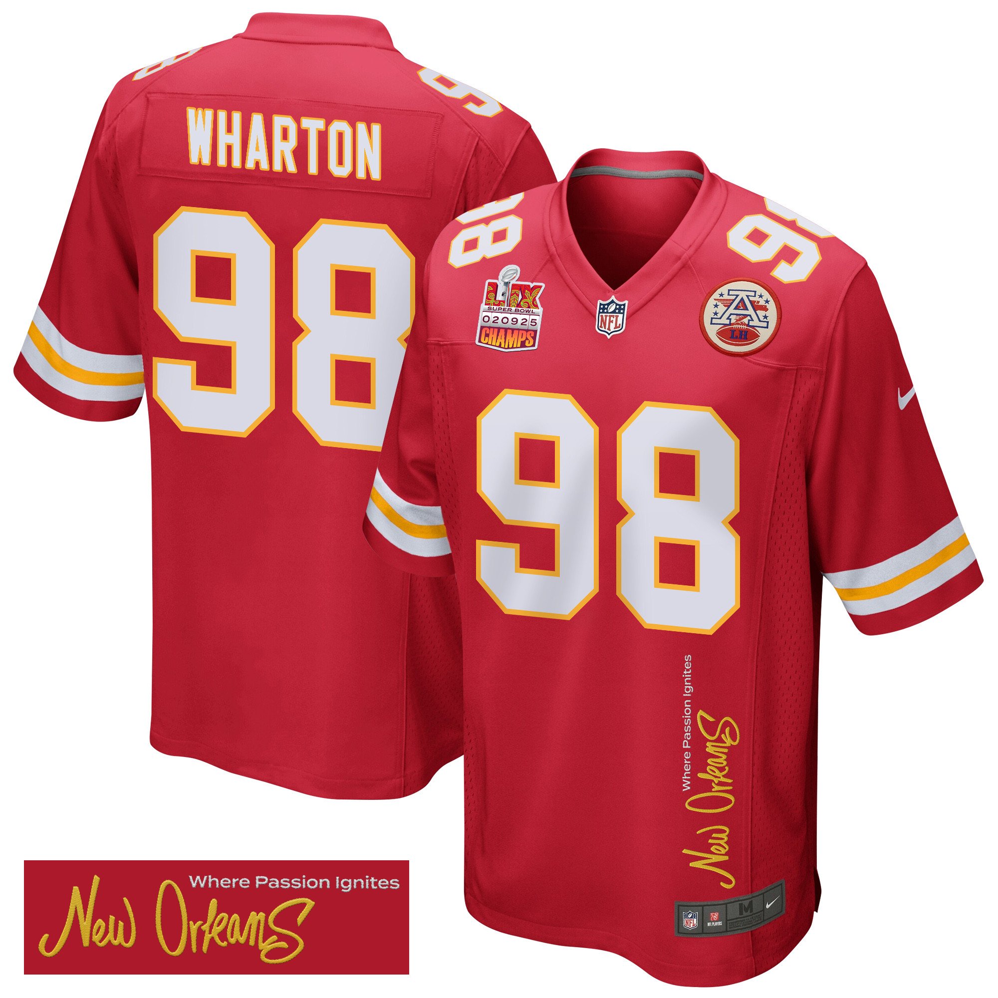 Tershawn Wharton 98 Kansas City Chiefs Super Bowl LIX Champions Patch New Orleans Where Passion Ignites' EMBROIDERED Game Red NFL Jersey Men's