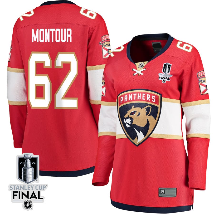 Brandon Montour 62 Florida Panthers 2024 STANLEY CUP Final Home Breakaway Red NHL Jersey Women's