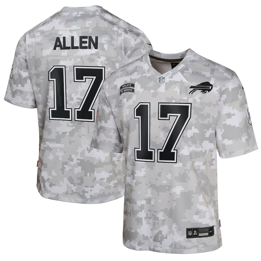 Josh Allen 17 Buffalo Bills 2024 Salute to Service Game Arctic Camo NFL Jersey Youth