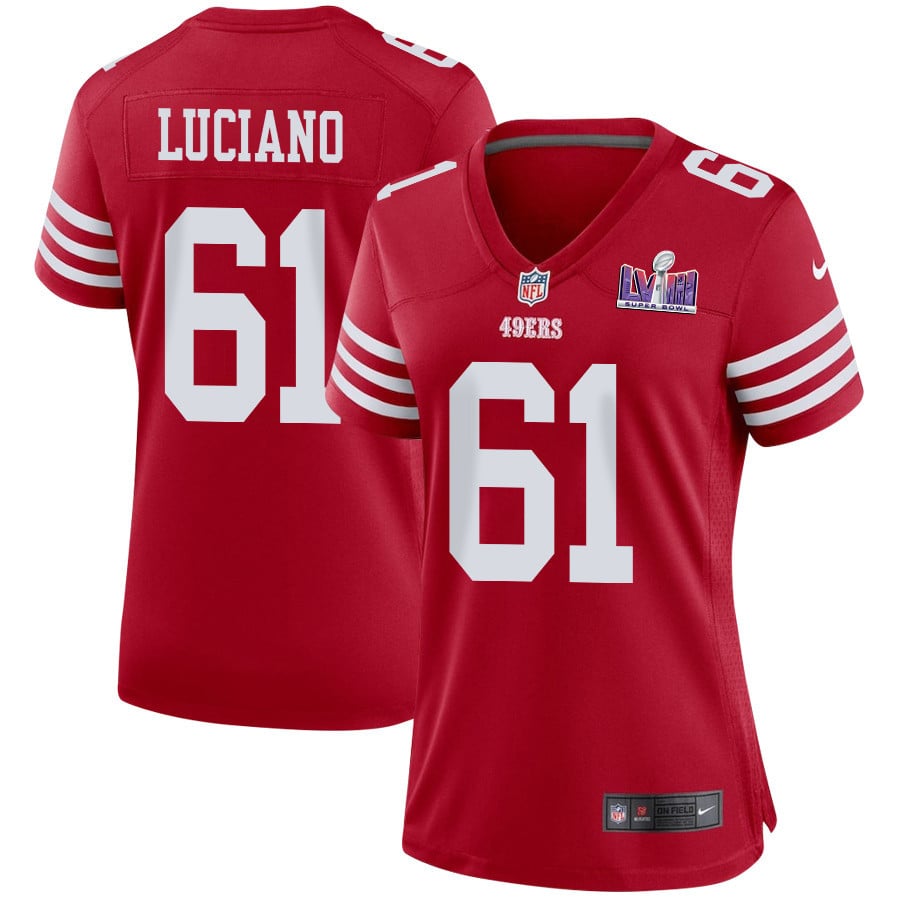 Corey Luciano 61 San Francisco 49ers Super Bowl LVIII Patch Game Scarlet NFL Jersey Women's