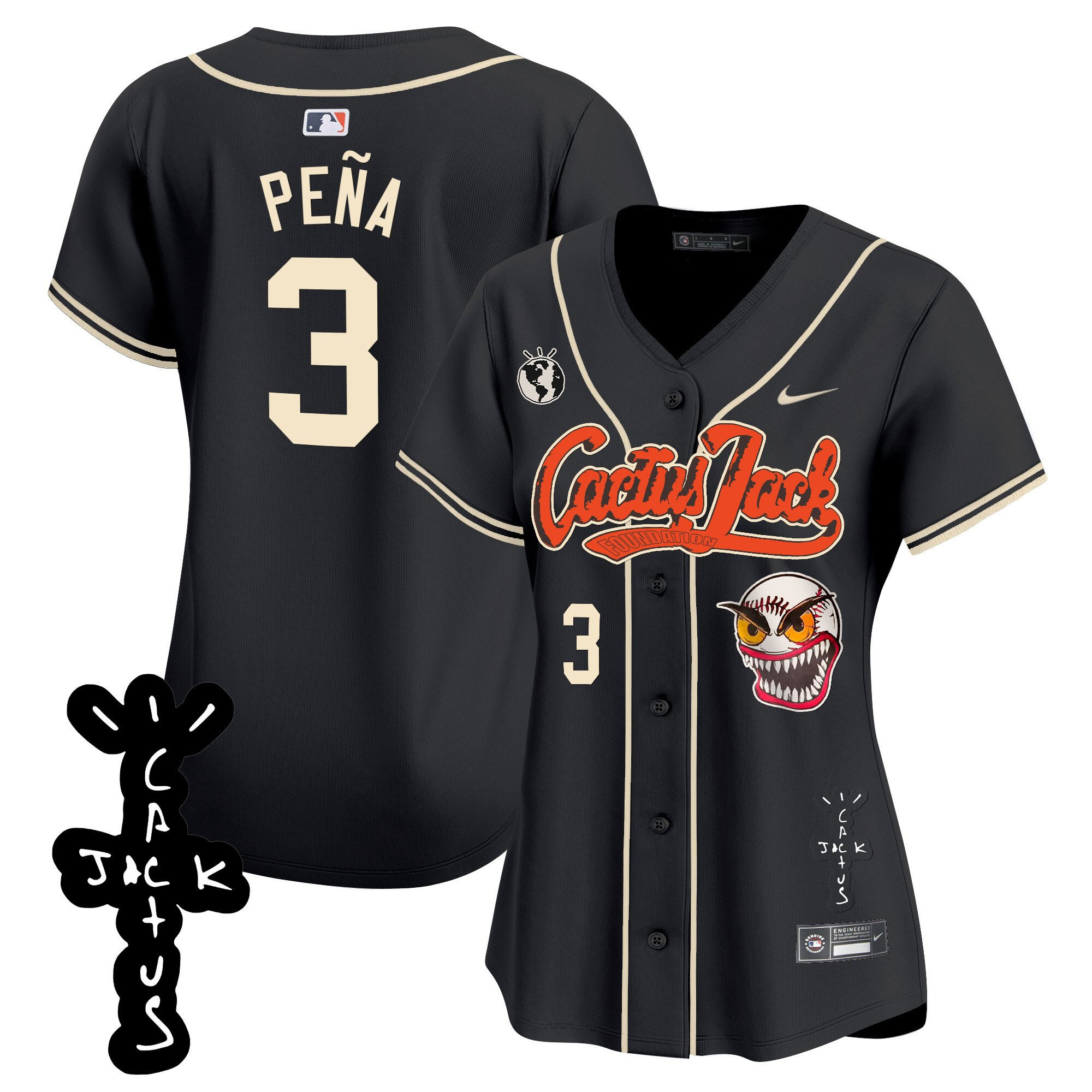 Jeremy Pena 3 Houston Astros Cactus Jack Patch V2 Black MLB Jersey Women's