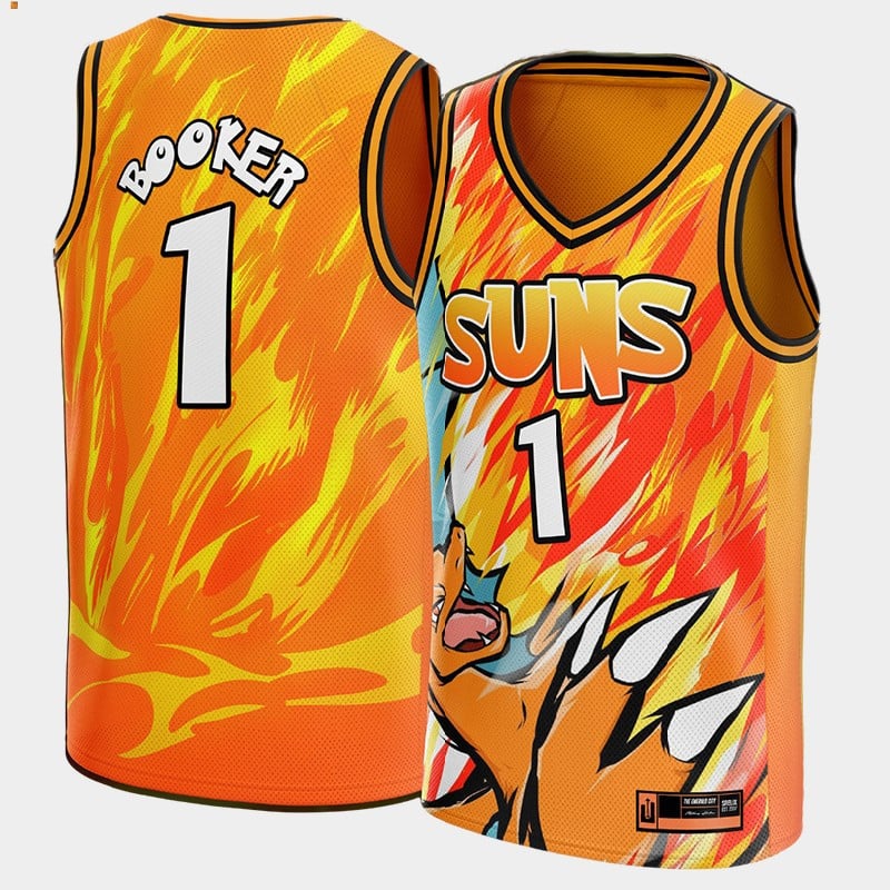 Devin Booker 1 Pokemon Phoenix Suns Orange Cartoon NBA Jersey Men's