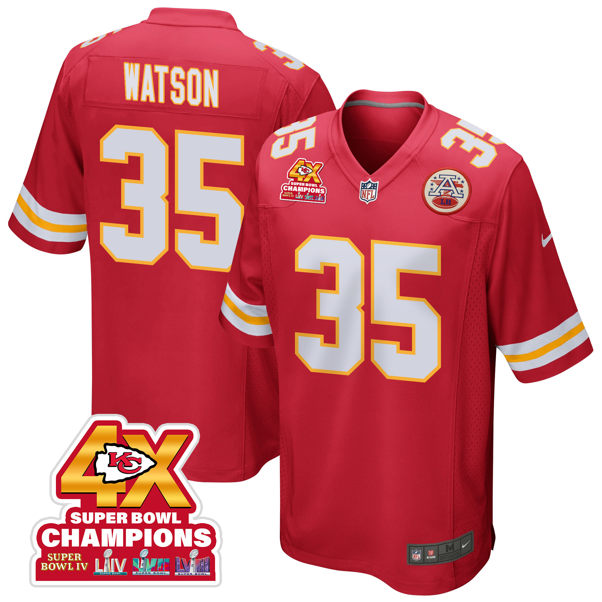 Jaylen Watson 35 Kansas City Chiefs Super Bowl LVIII Champions 4X Game Red NFL Jersey Men's