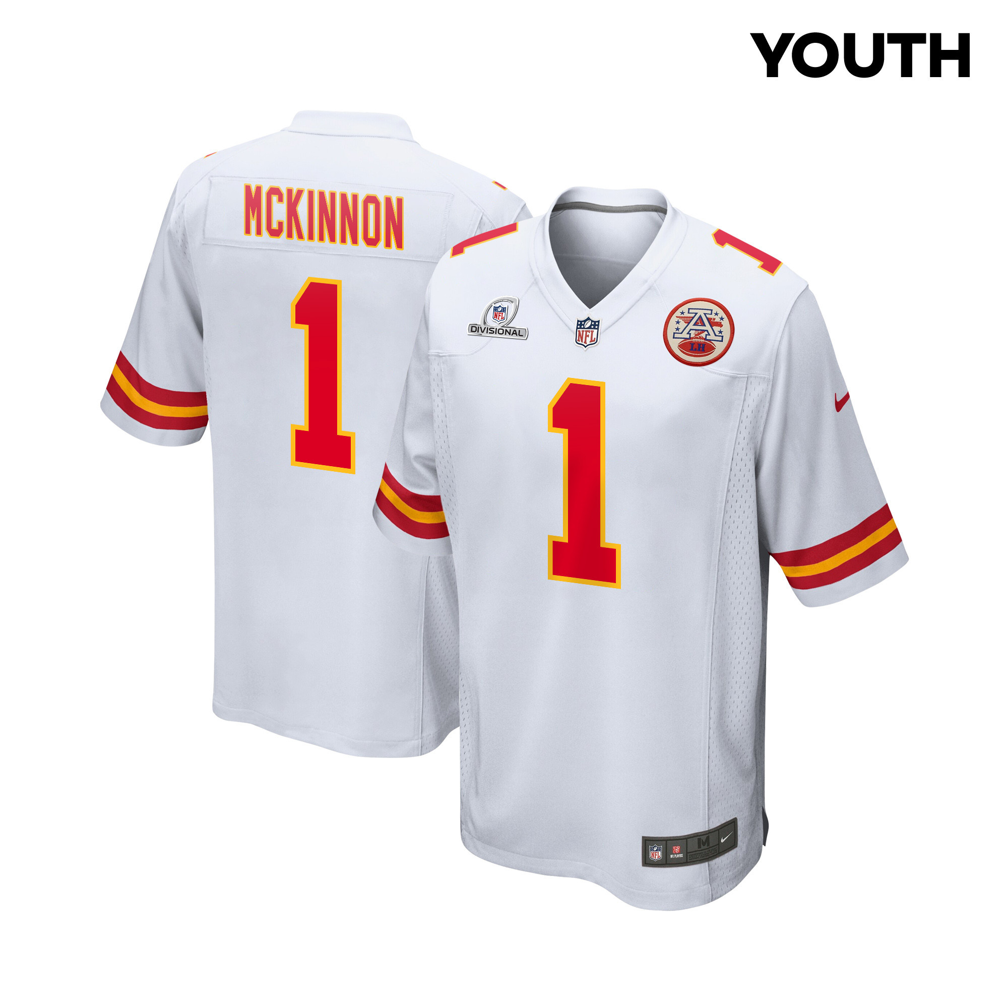 Jerick McKinnon 1 Kansas City Chiefs Super Bowl LVIII Patch Game White NFL Jersey Youth