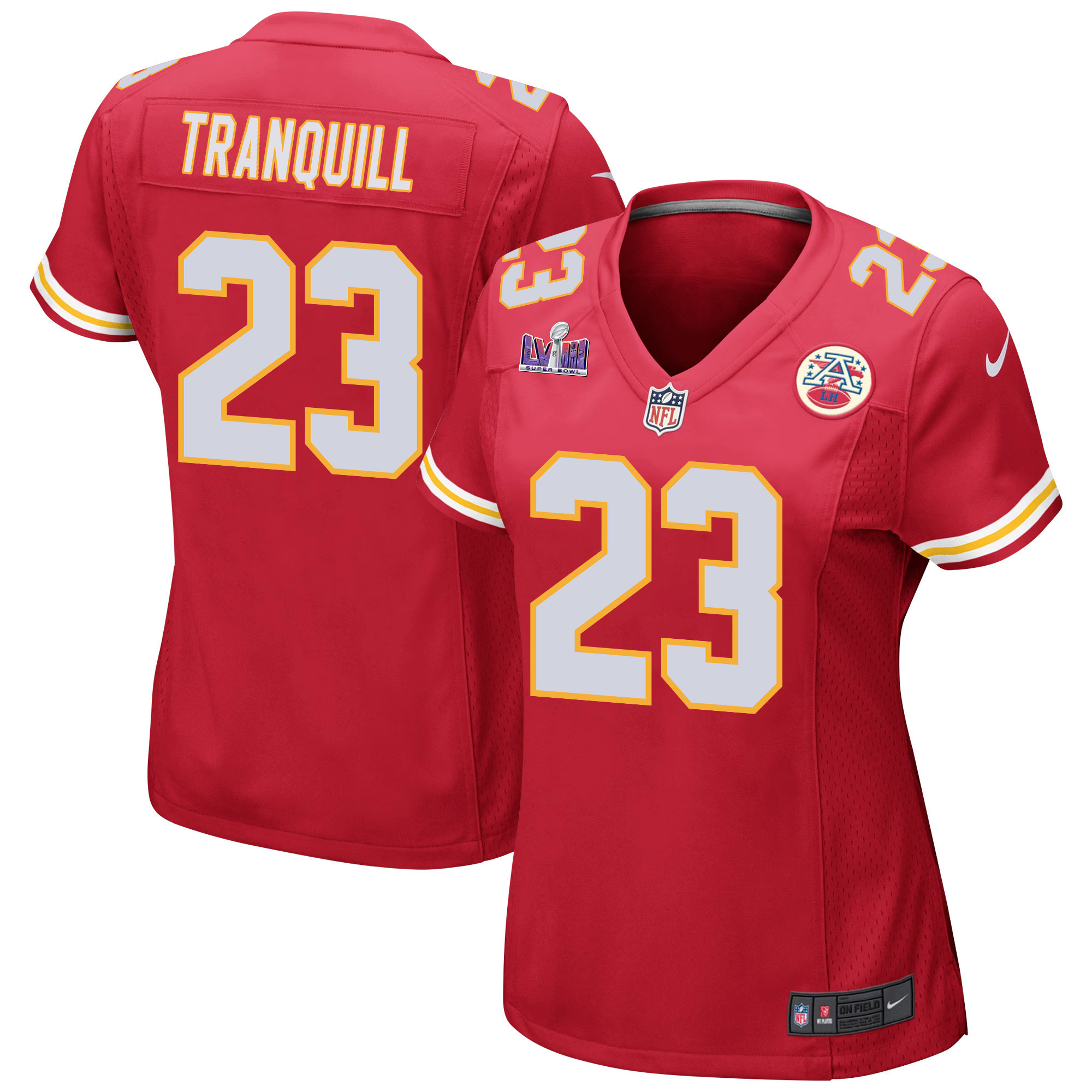 Drue Tranquill 23 Kansas City Chiefs Super Bowl LVIII Patch Game Red NFL Jersey Women's