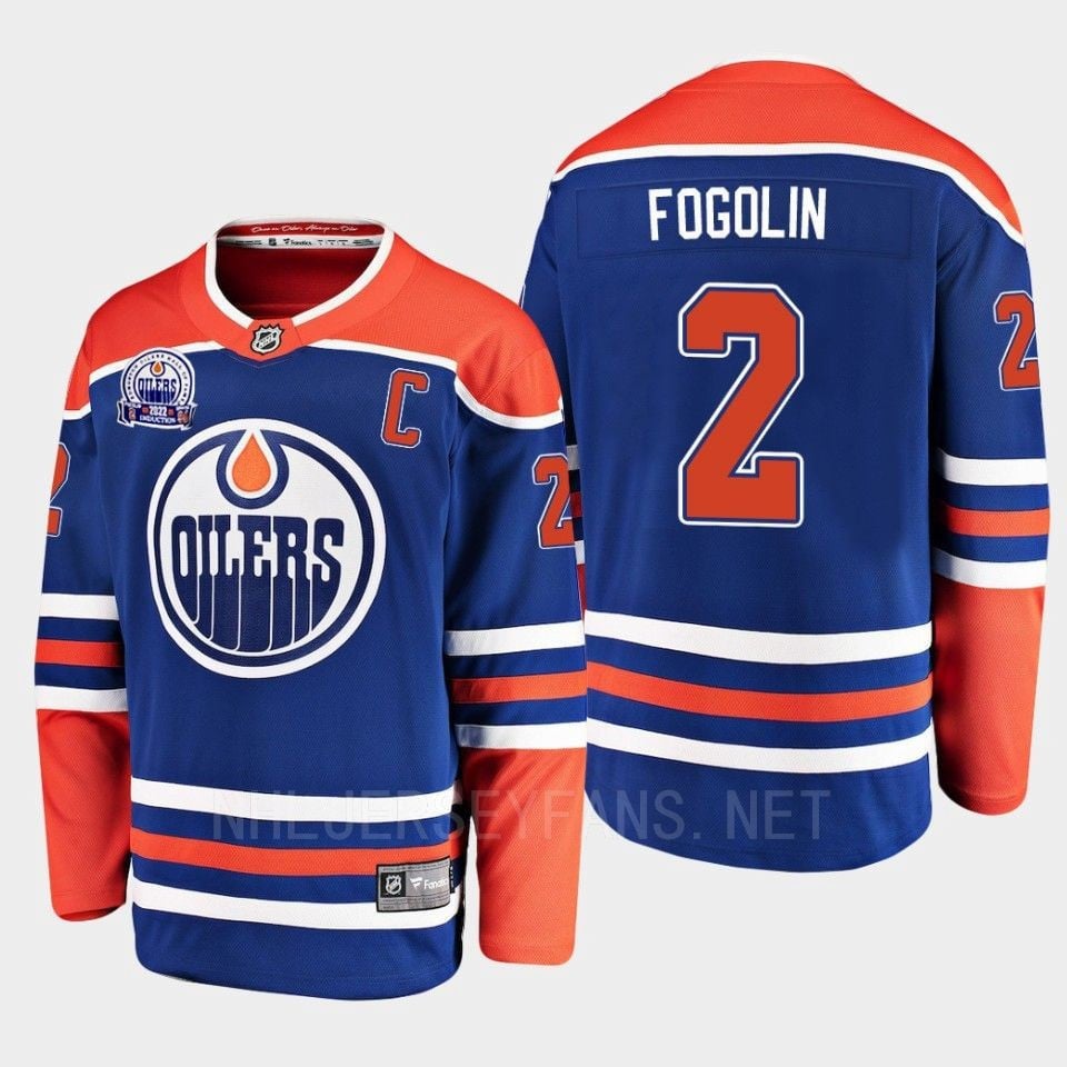 Lee Fogolin 2 Hall Of Fame Patch 2022 Edmonton Oilers Royal Home NHL Jersey Men's