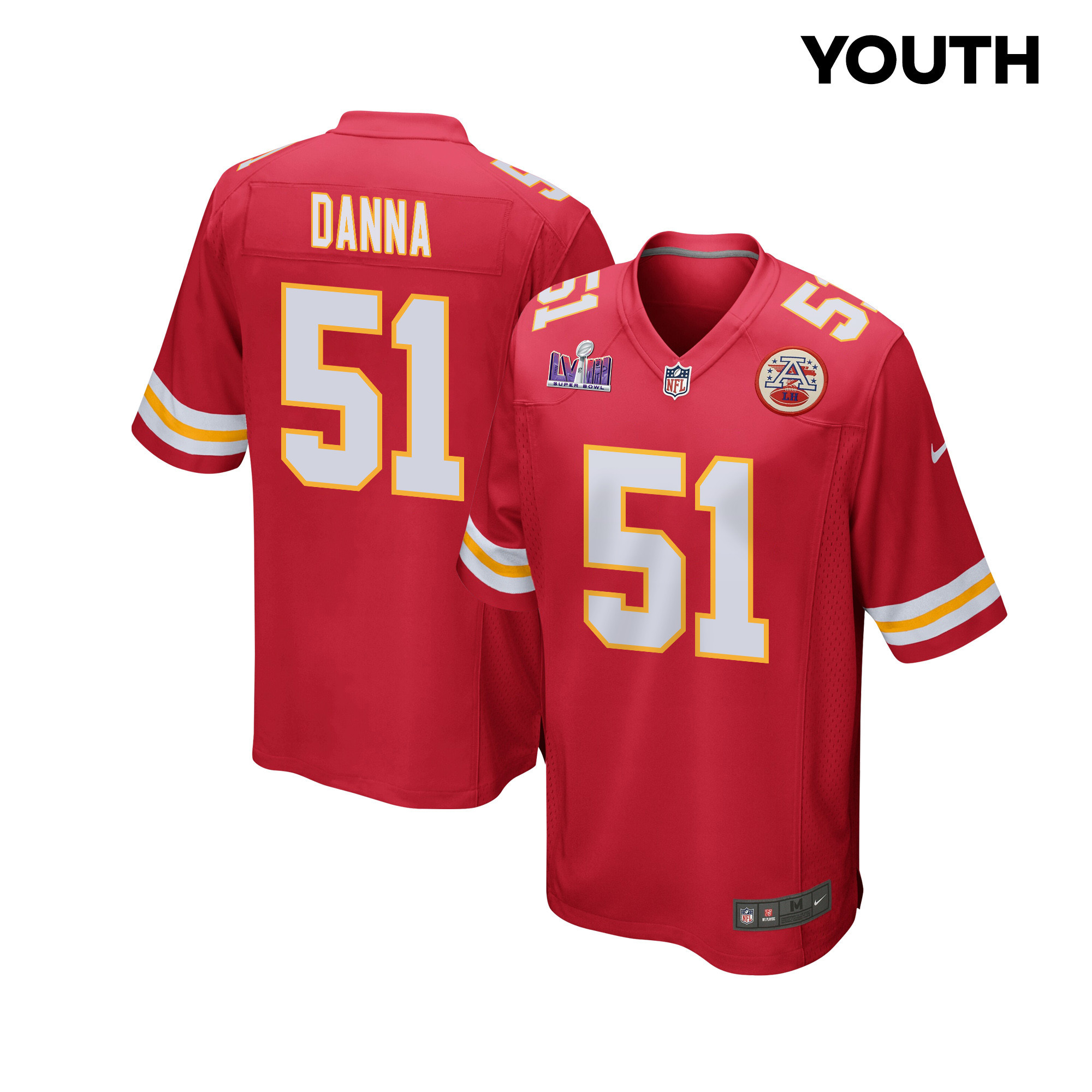 Mike Danna 51 Kansas City Chiefs Super Bowl LVIII Patch Game Red NFL Jersey Youth
