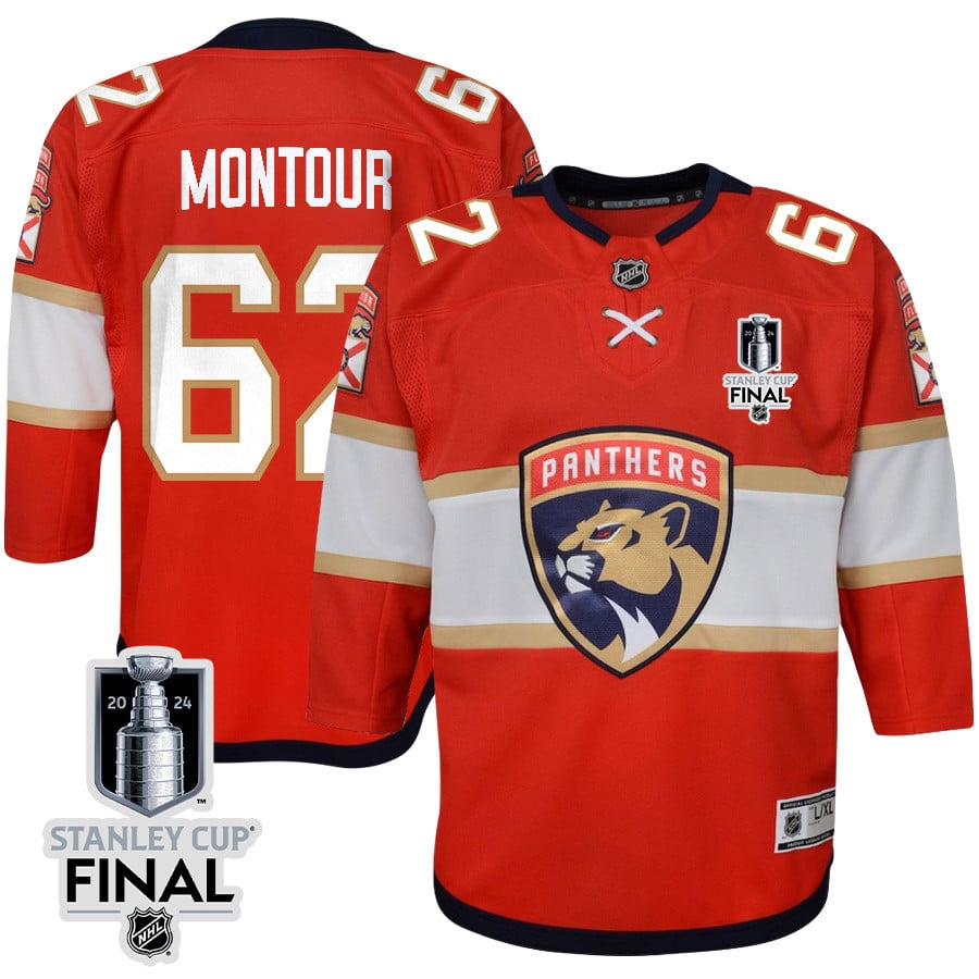 Brandon Montour 62 Florida Panthers 2024 STANLEY CUP Final Home Breakaway Red NHL Jersey Youth
