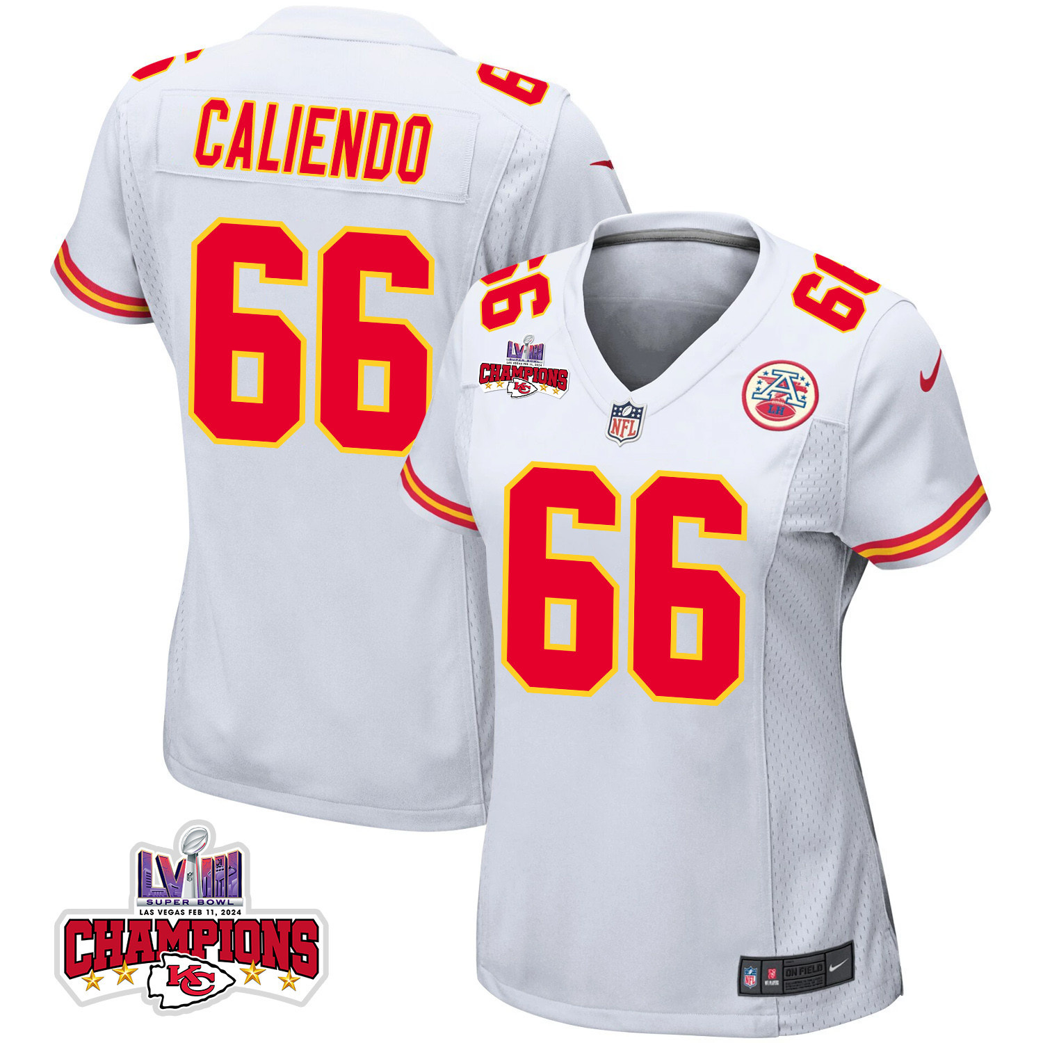 Mike Caliendo 66 Kansas City Chiefs Super Bowl LVIII Champions 4 Stars Patch Game White NFL Jersey Women's