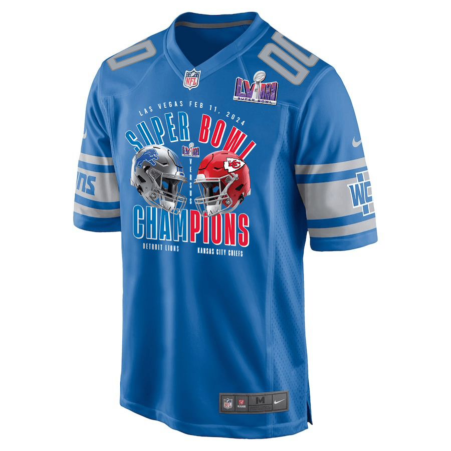 Detroit Lions vs. Kansas City Chiefs Super Bowl LVIII Matchup Game Custom Blue NFL Jersey Men's