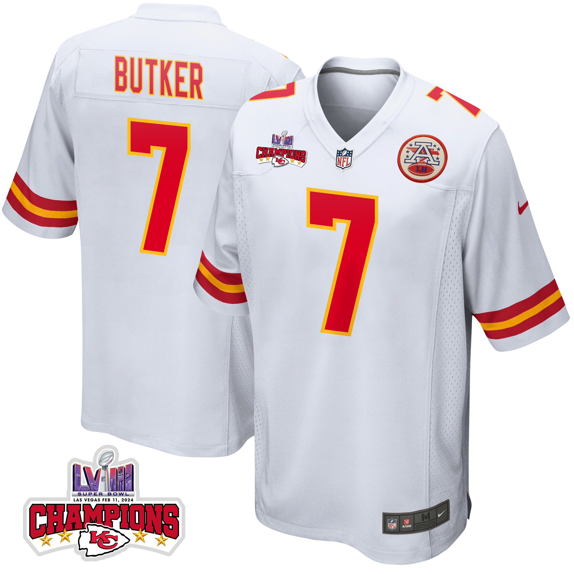 Harrison Butker 7 Kansas City Chiefs Super Bowl LVIII Champions 4 Stars Patch Game White NFL Jersey Men's