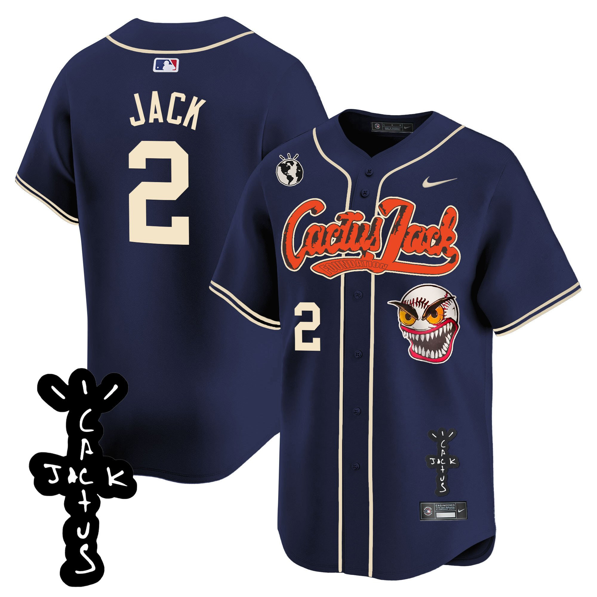 Jack 2 Houston Astros Cactus Jack Patch V2 Navy MLB Jersey Men's