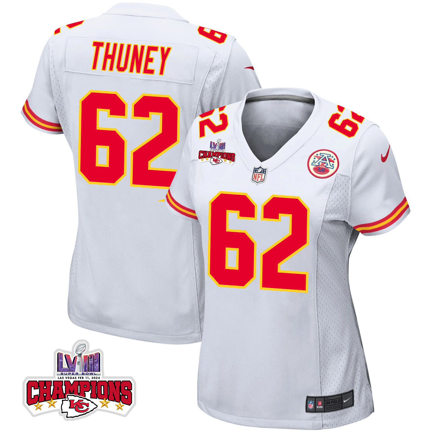 Joe Thuney 62 Kansas City Chiefs Super Bowl LVIII Champions 4 Stars Patch Game White NFL Jersey Women's