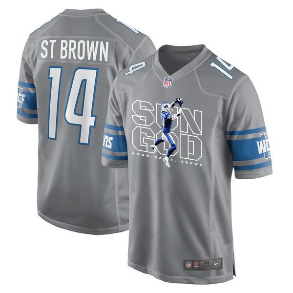 Amon-Ra St. Brown 14 Detroit Lions Sun God Game Silver NFL Jersey Men's
