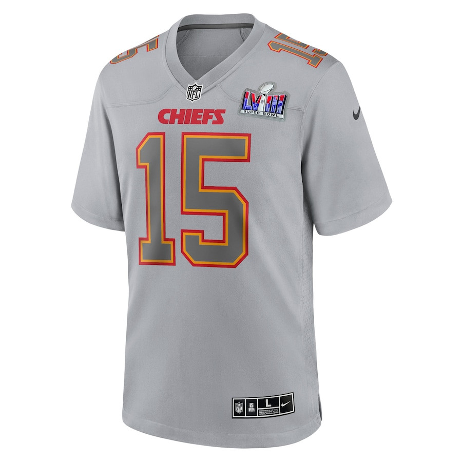 Patrick Mahomes 15 Kansas City Chiefs Super Bowl LVIII Atmosphere Fashion Game Gray NFL Jersey Men's