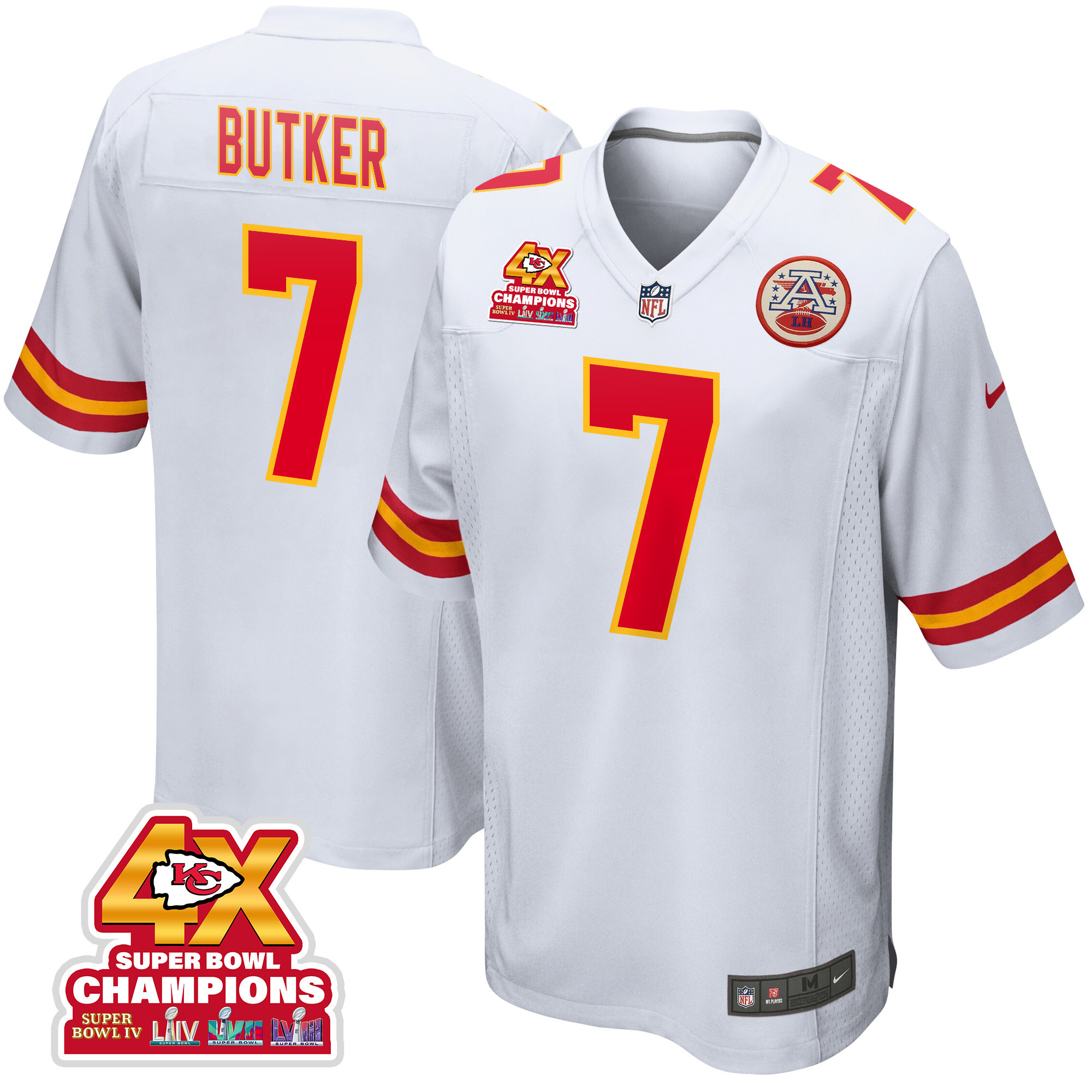 Harrison Butker 7 Kansas City Chiefs Super Bowl LVIII Champions 4X Game White NFL Jersey Men's
