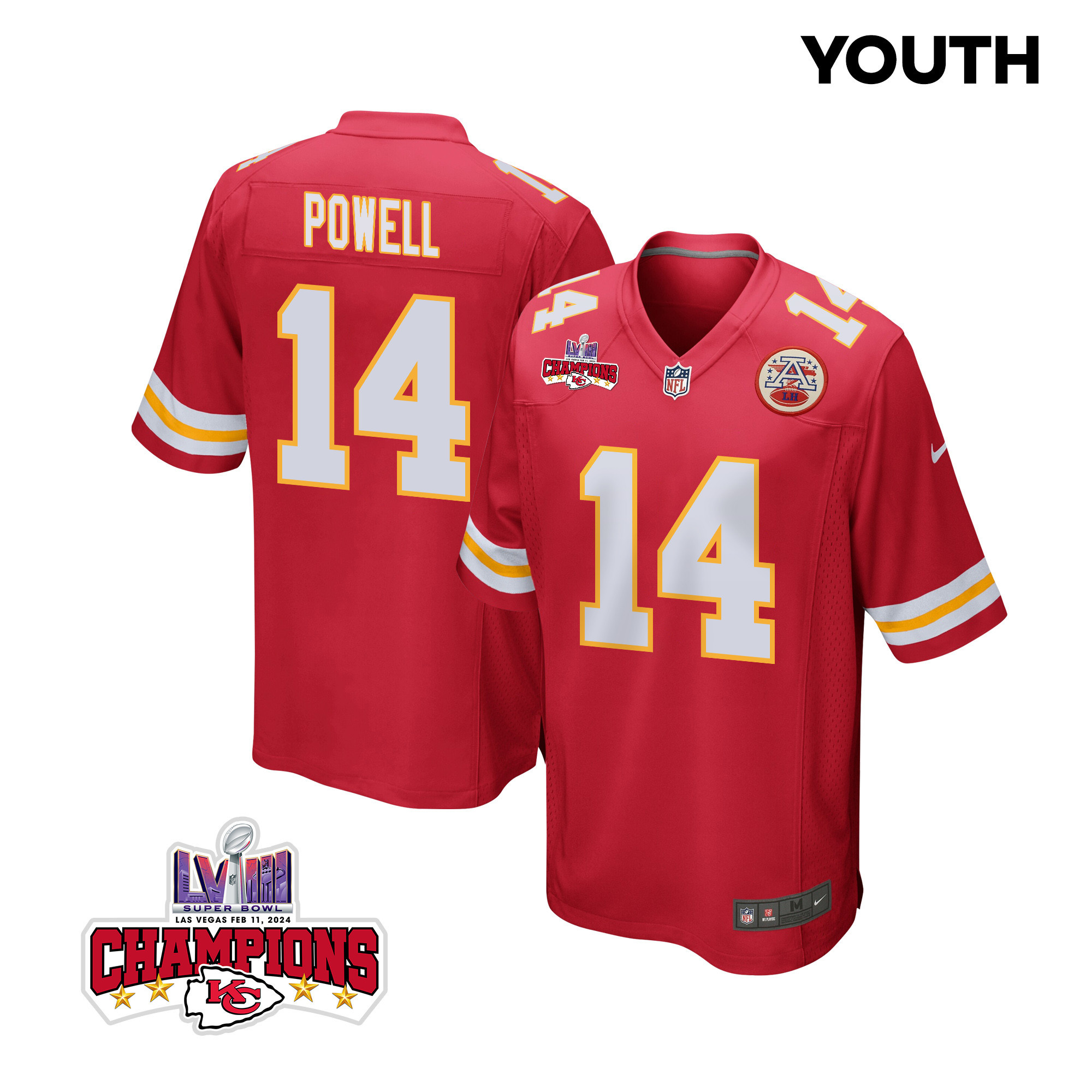 Cornell Powell 14 Kansas City Chiefs Super Bowl LVIII Champions 4 Stars Patch Game Red NFL Jersey Youth