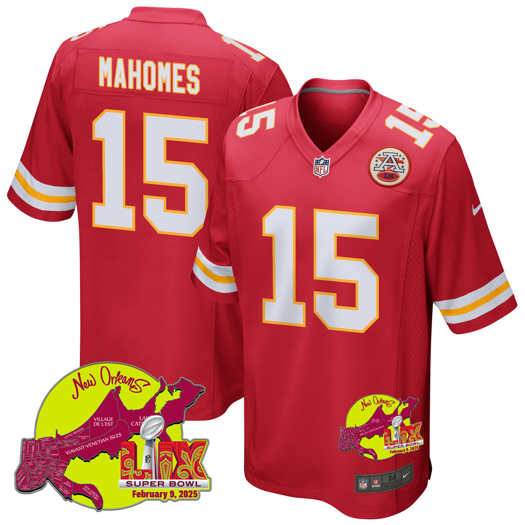 Patrick Mahomes 15 Kansas City Chiefs Super Bowl LIX New Orleans Patch Game Red NFL Jersey Men's
