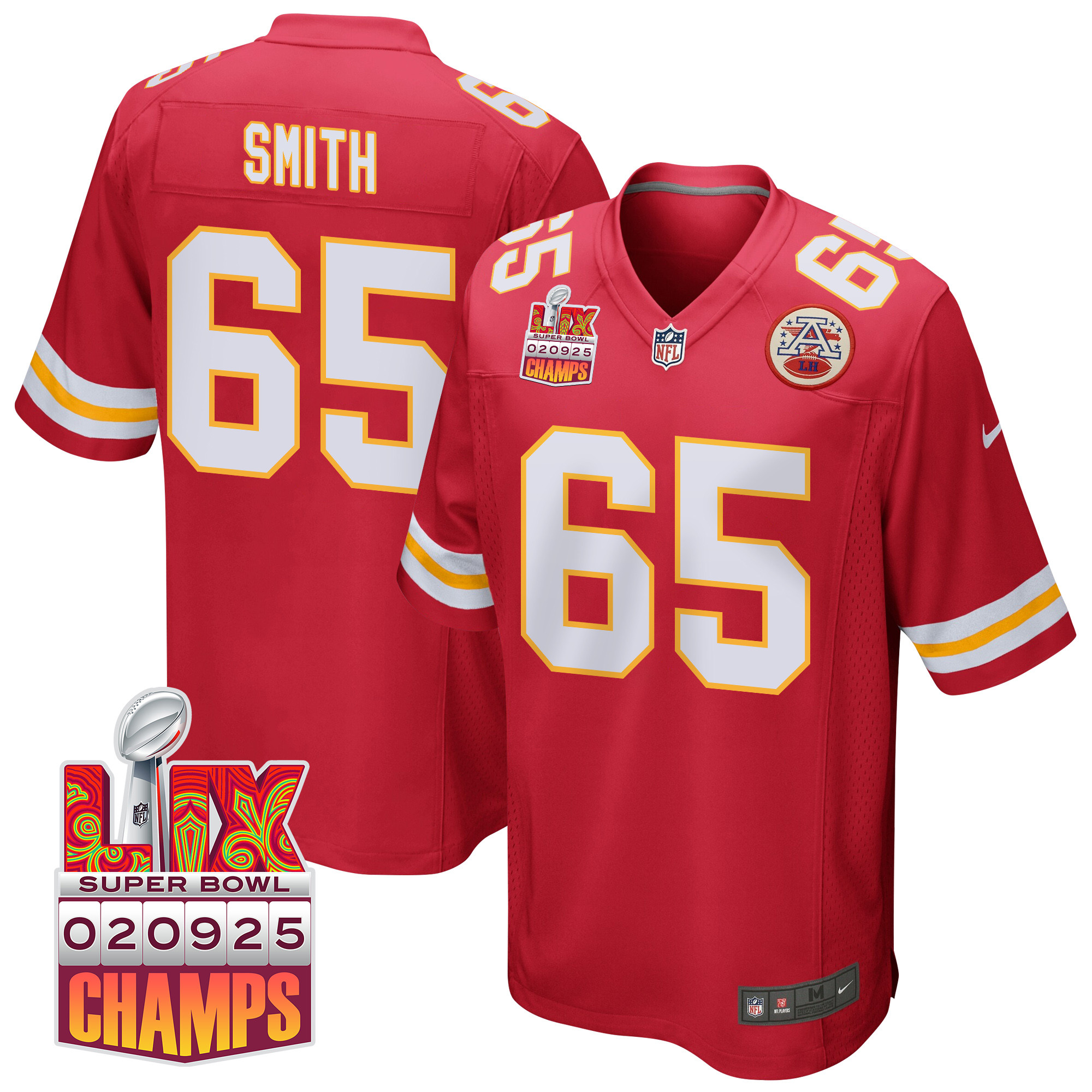 Trey Smith 65 Kansas City Chiefs Super Bowl LIX Champions Patch Game Red NFL Jersey Men's